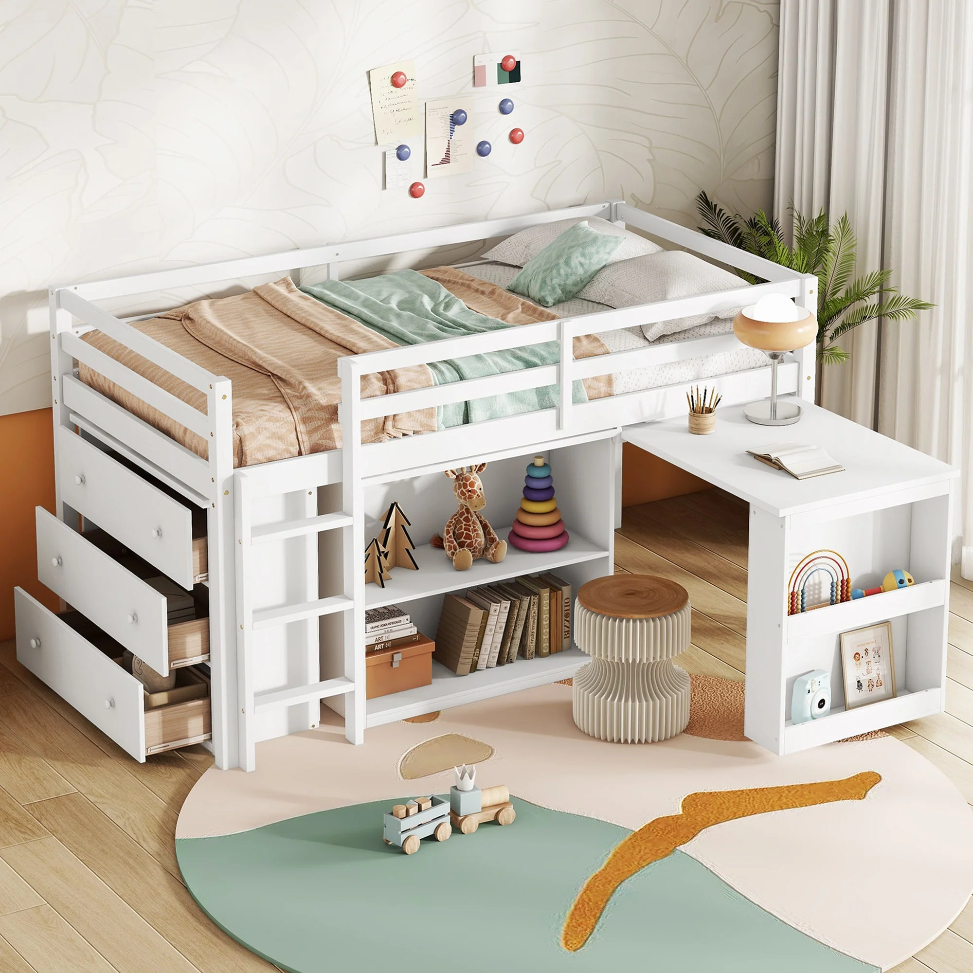 Twin Loft Bed with Storage, Drawers, Shelf Cabinet and Pull-Out Desk, Safety Guardrail, Ladder, White - Image 3