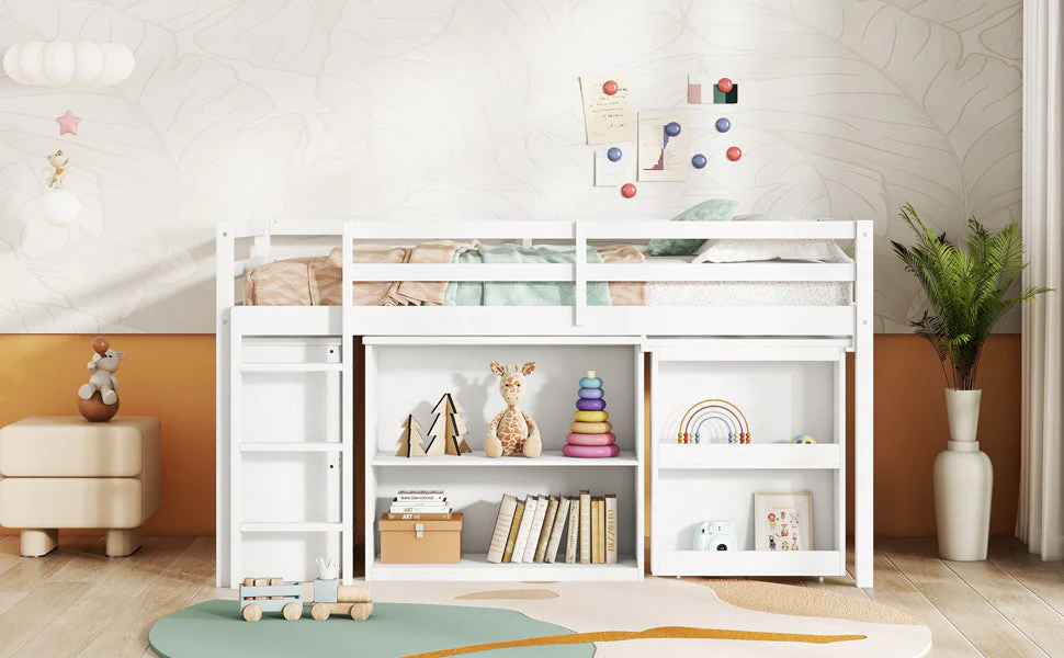 Twin Loft Bed with Storage, Drawers, Shelf Cabinet and Pull-Out Desk, Safety Guardrail, Ladder, White - Image 9