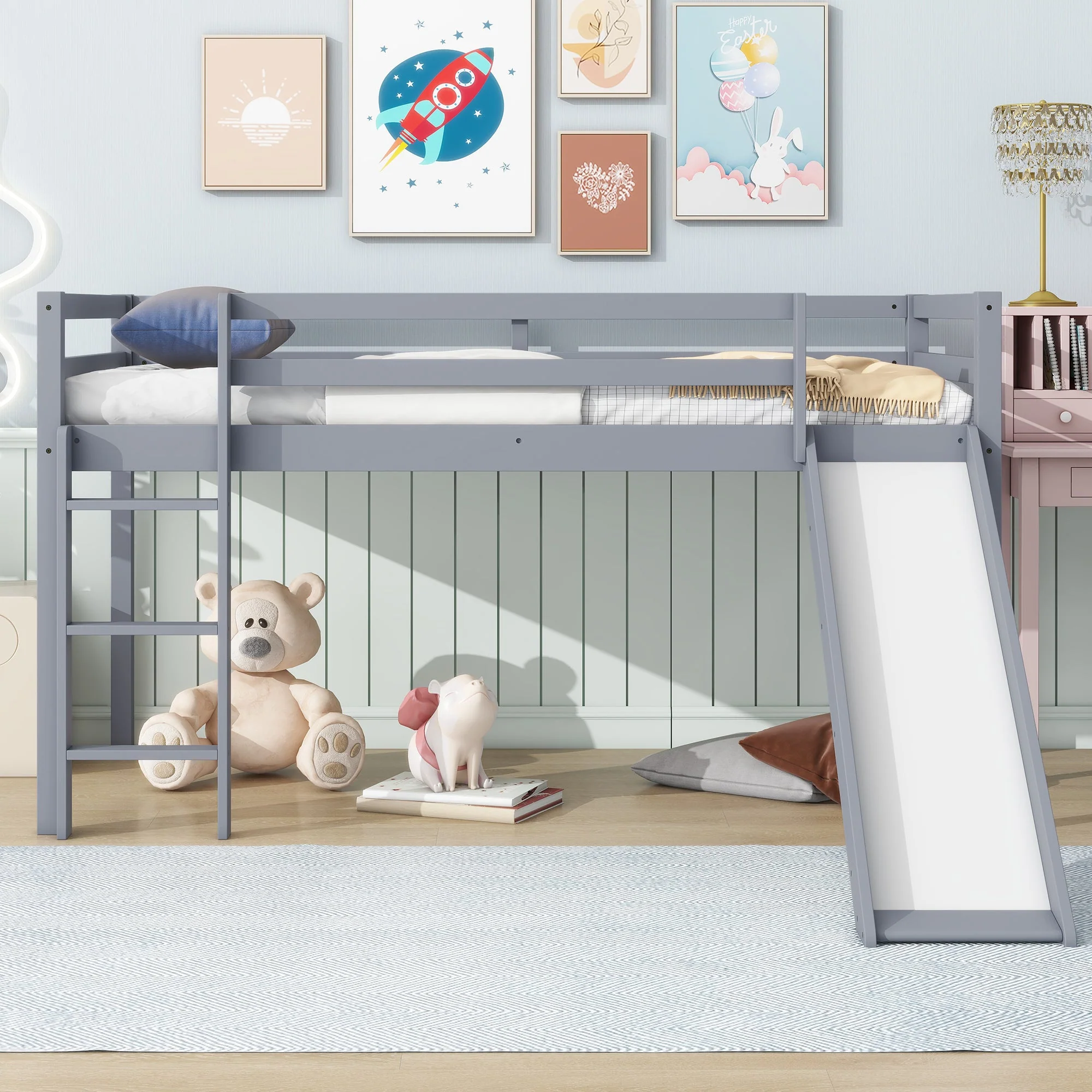Twin Low Loft Bed with Slide, Ladder, Safety Guardrails, Grey