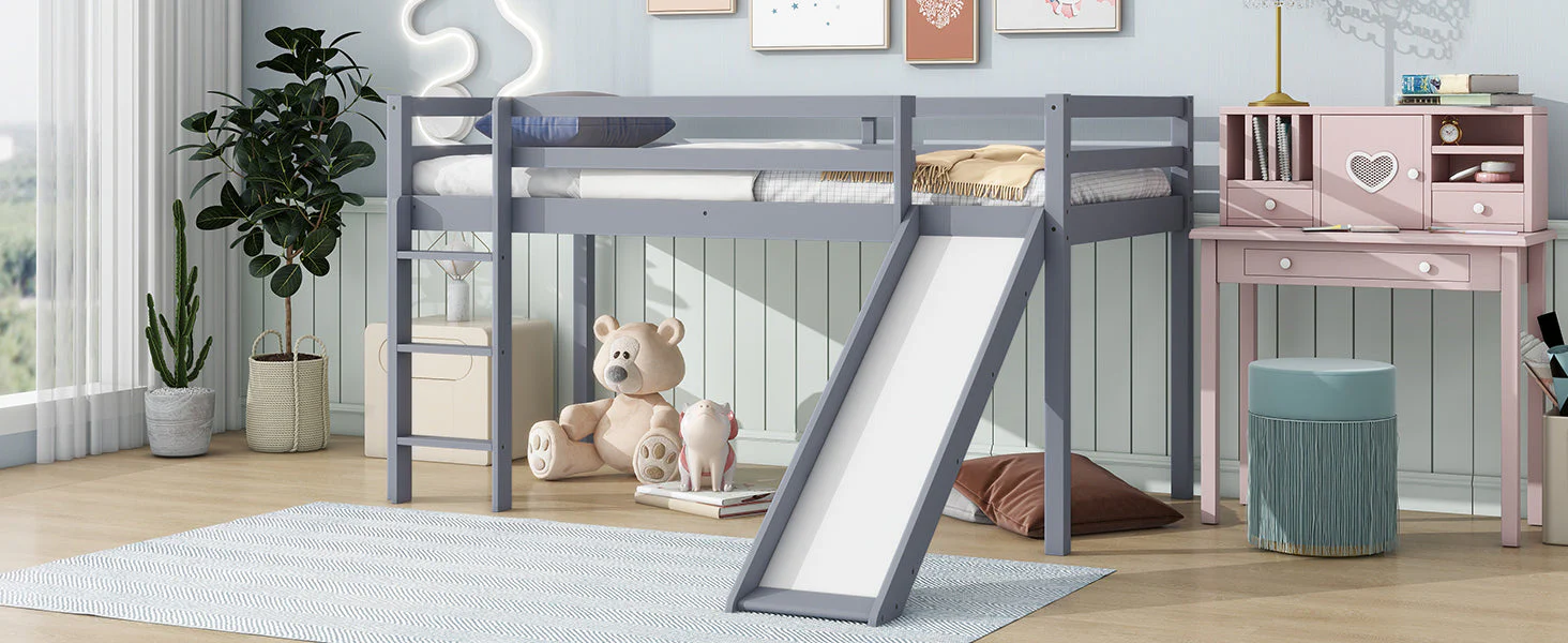 Twin Low Loft Bed with Slide, Ladder, Safety Guardrails, Grey - Image 6