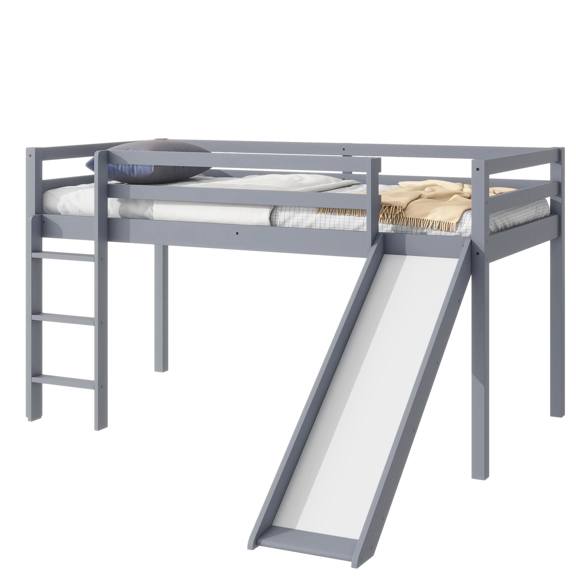 Twin Low Loft Bed with Slide, Ladder, Safety Guardrails, Grey - Image 7