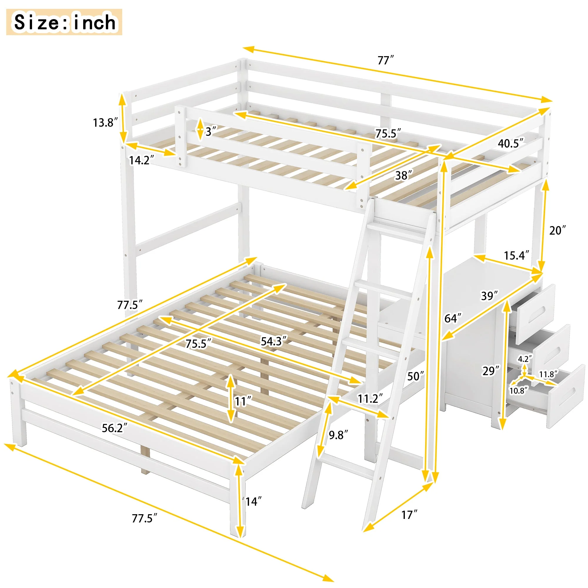 Twin-Over-Full Bunk Bed with Built-in Desk and Three Drawers, White - Image 6