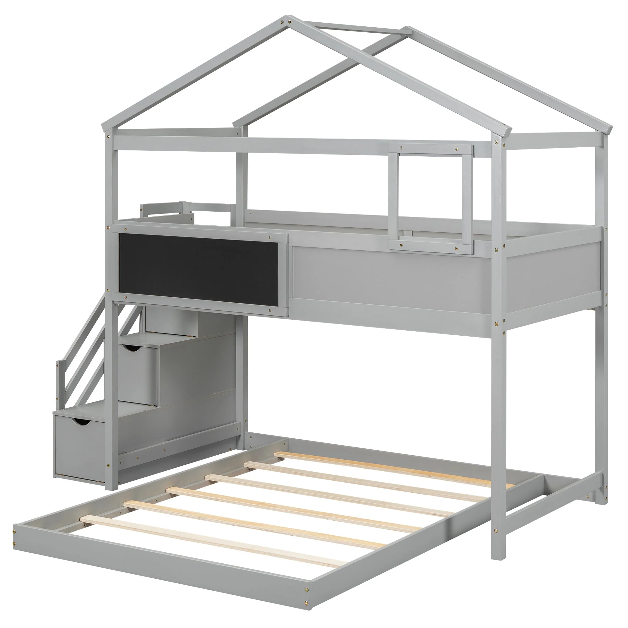 Twin-Over-Full House Bunk Bed with Storage Staircase and Blackboard, Gray - Image 19