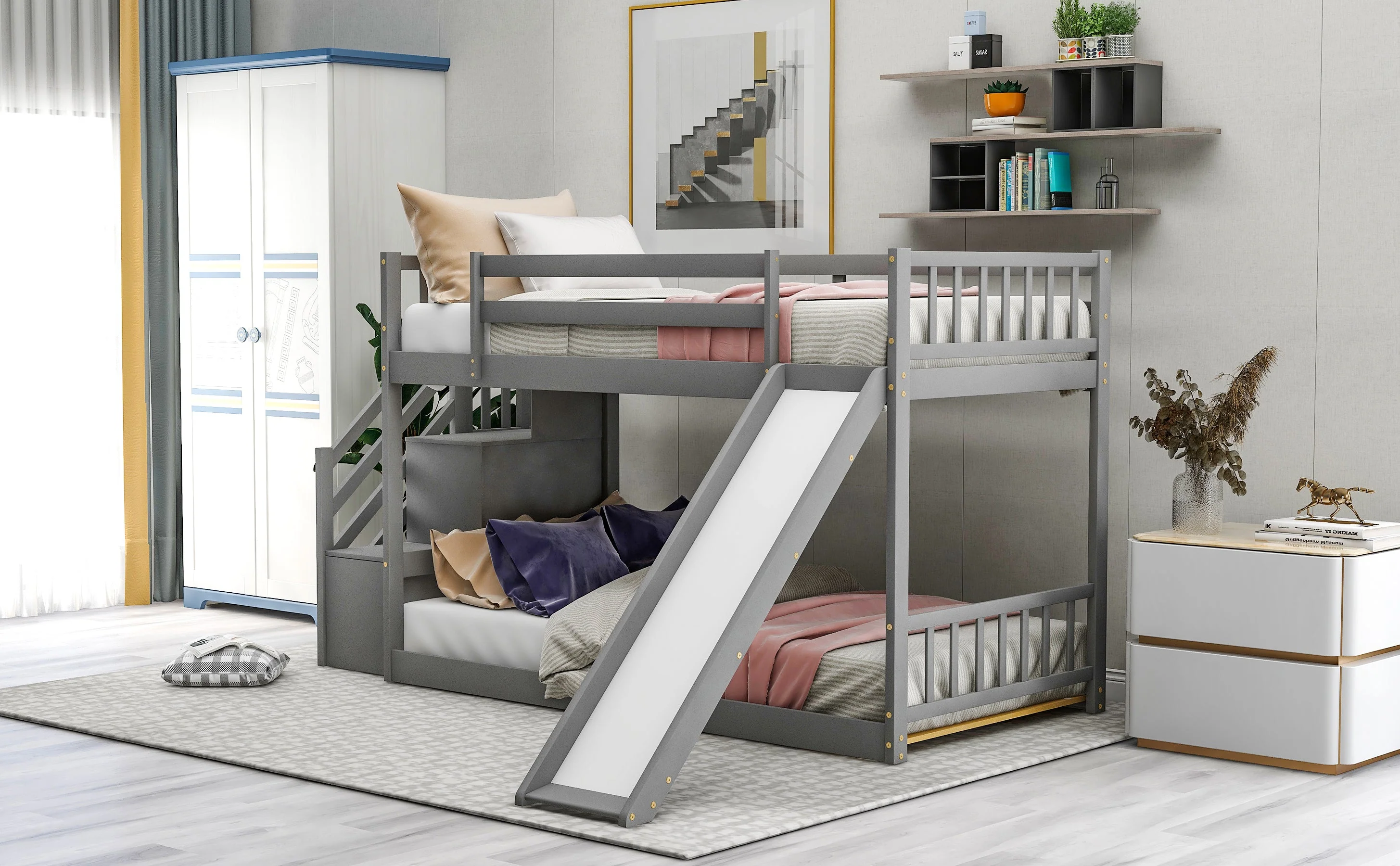 Twin-Over-Twin Bunk Bed with Convertible Slide and Stairway, Gray - Image 4