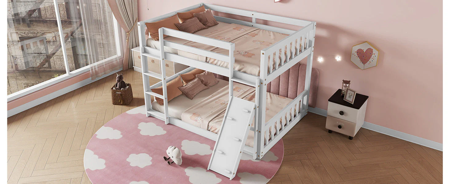 Twin-Over-Twin Floor Bunk Bed, Ladder, Safety Guardrails, White - Image 8