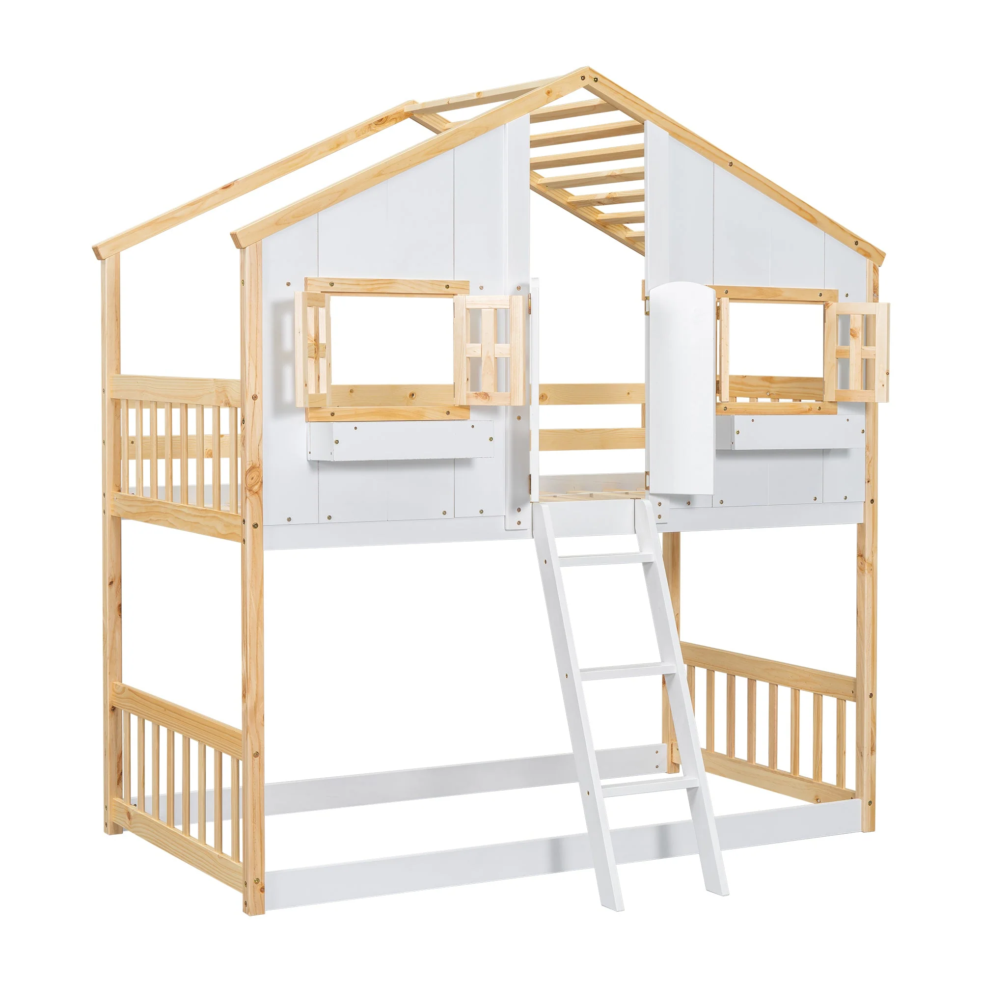 Twin-Over-Twin House Bunk Bed with Roof, Window, Door, with Safety Guardrails and Ladder, Natural/White - Image 10