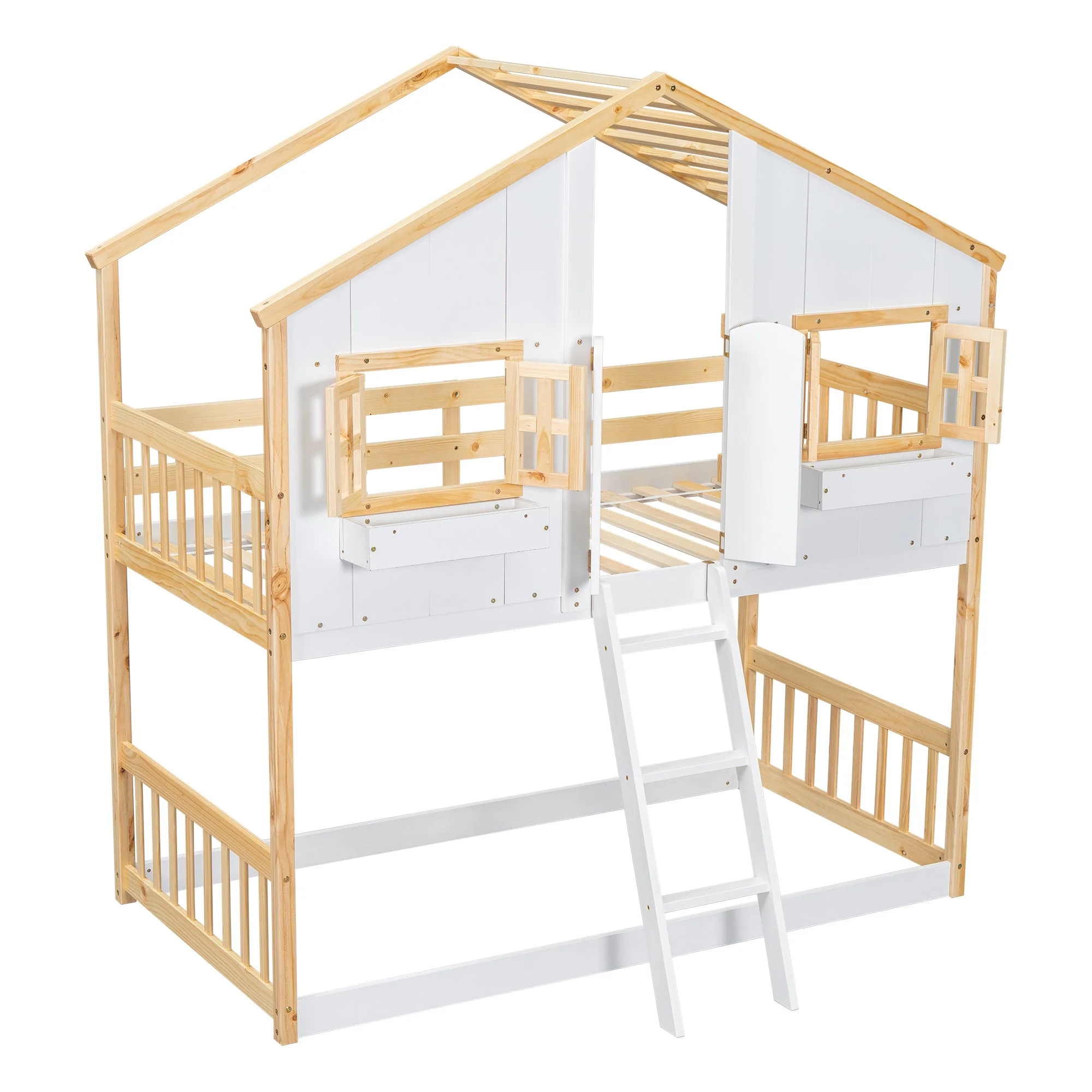 Twin-Over-Twin House Bunk Bed with Roof, Window, Door, with Safety Guardrails and Ladder, Natural/White - Image 11