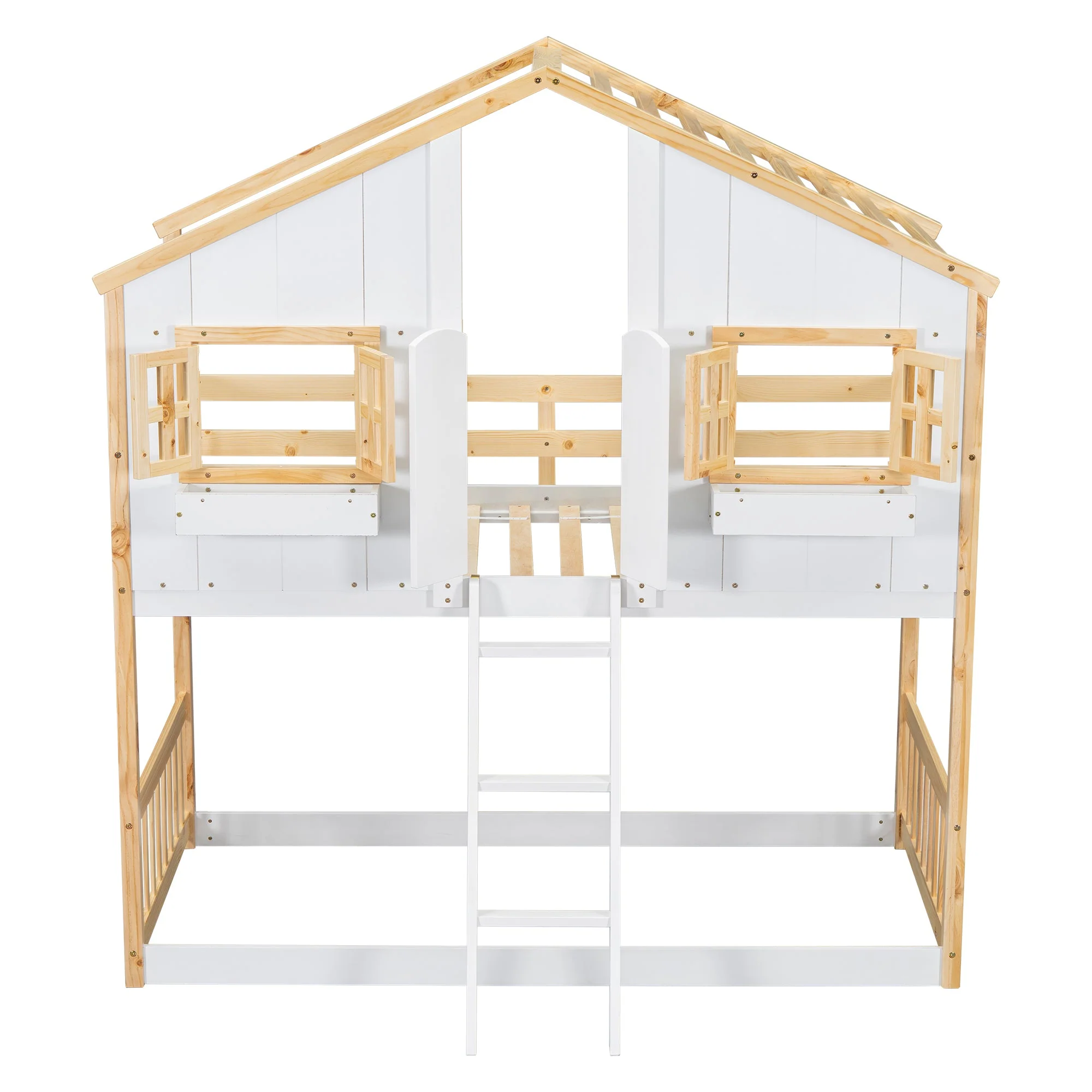 Twin-Over-Twin House Bunk Bed with Roof, Window, Door, with Safety Guardrails and Ladder, Natural/White - Image 12