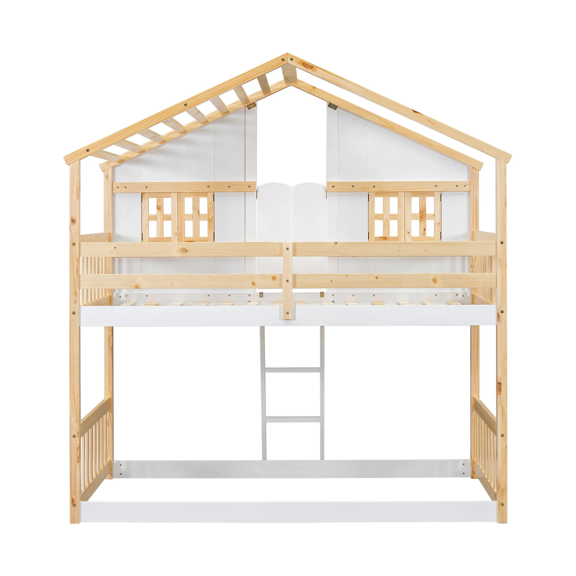 Twin-Over-Twin House Bunk Bed with Roof, Window, Door, with Safety Guardrails and Ladder, Natural/White - Image 13