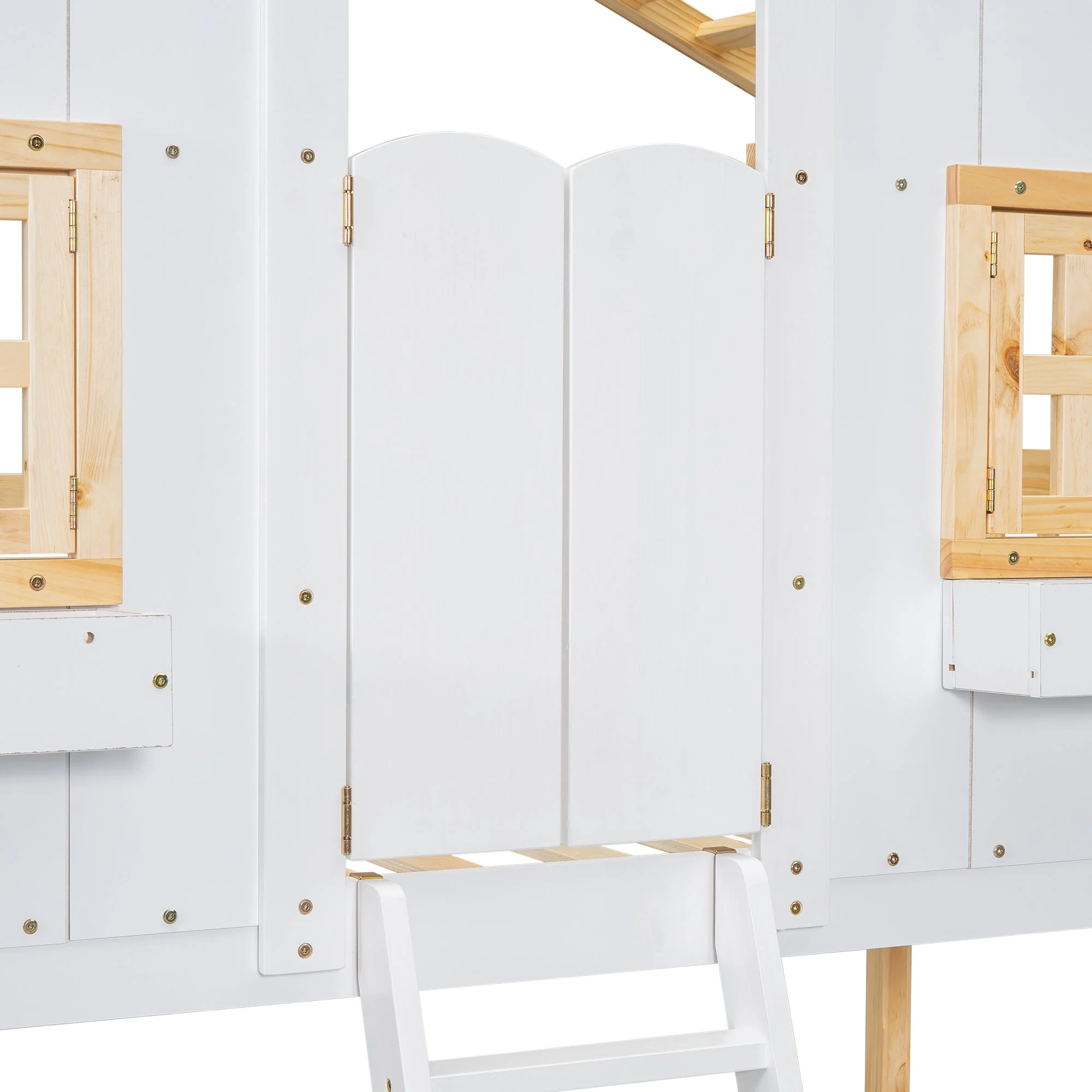 Twin-Over-Twin House Bunk Bed with Roof, Window, Door, with Safety Guardrails and Ladder, Natural/White - Image 14