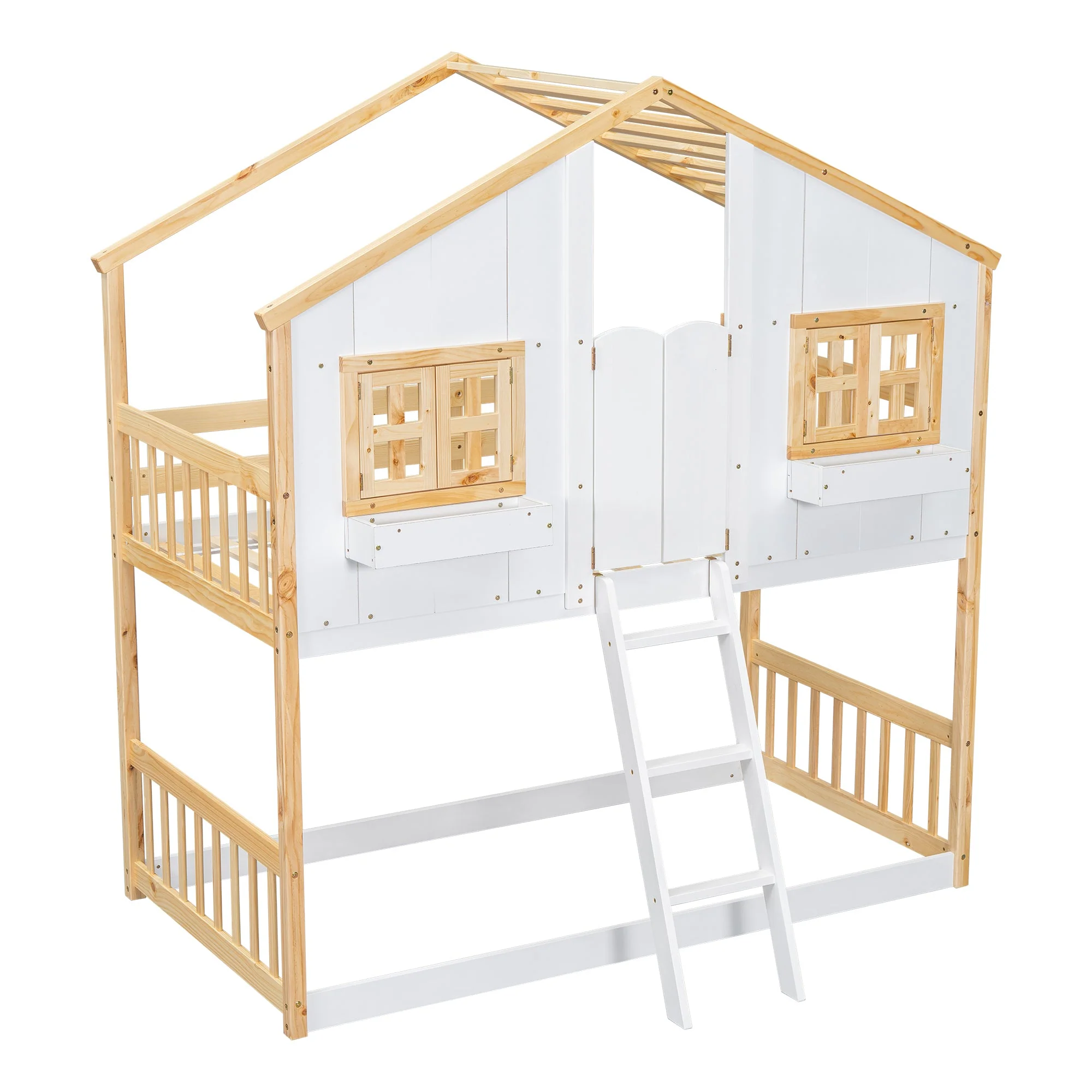 Twin-Over-Twin House Bunk Bed with Roof, Window, Door, with Safety Guardrails and Ladder, Natural/White - Image 15