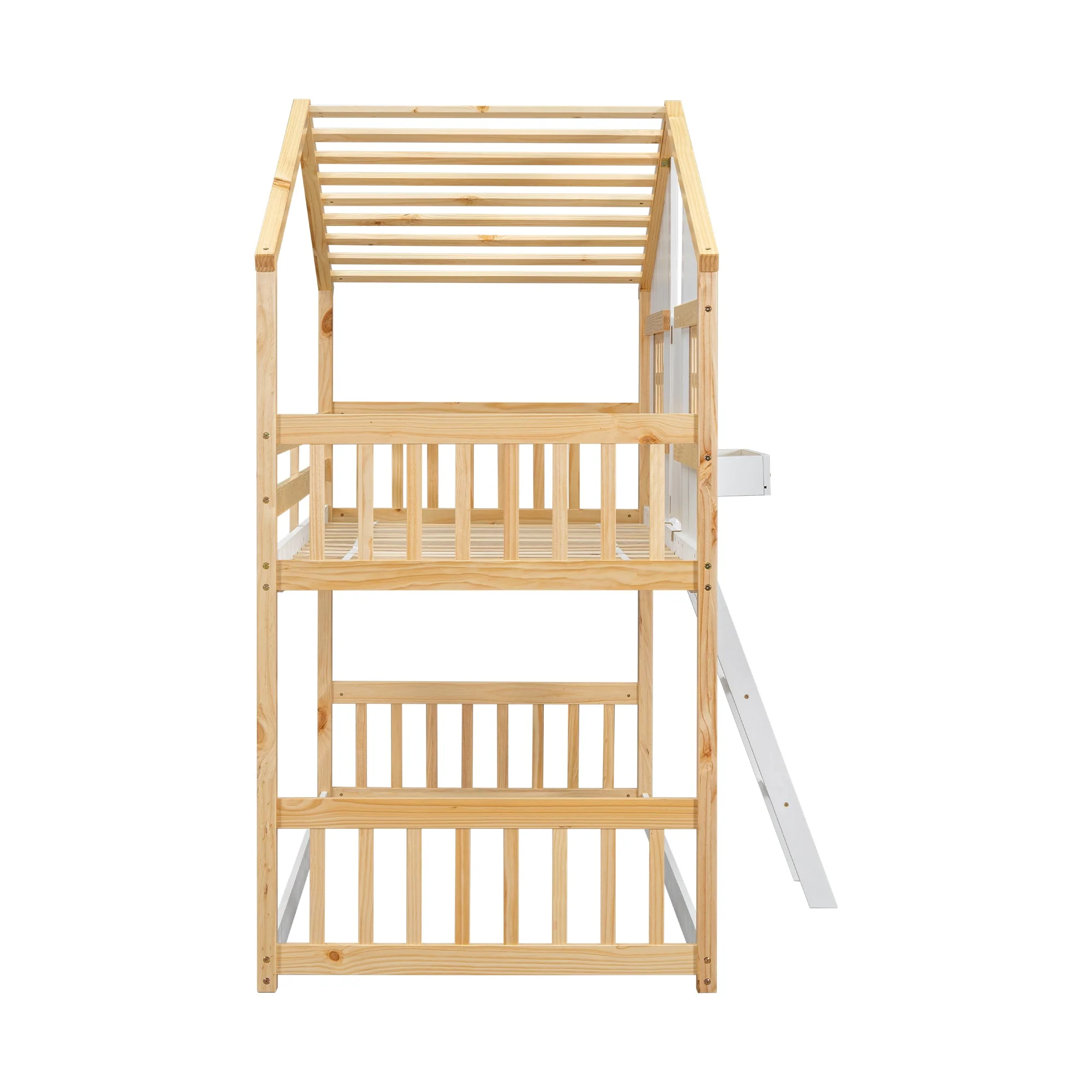 Twin-Over-Twin House Bunk Bed with Roof, Window, Door, with Safety Guardrails and Ladder, Natural/White - Image 16