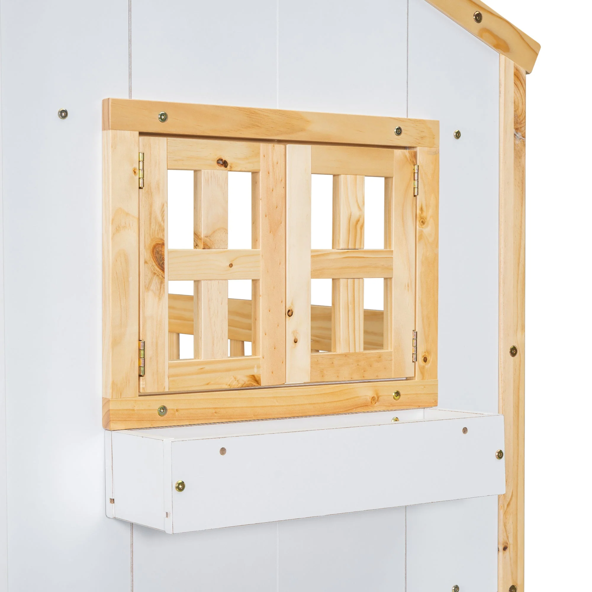 Twin-Over-Twin House Bunk Bed with Roof, Window, Door, with Safety Guardrails and Ladder, Natural/White - Image 17