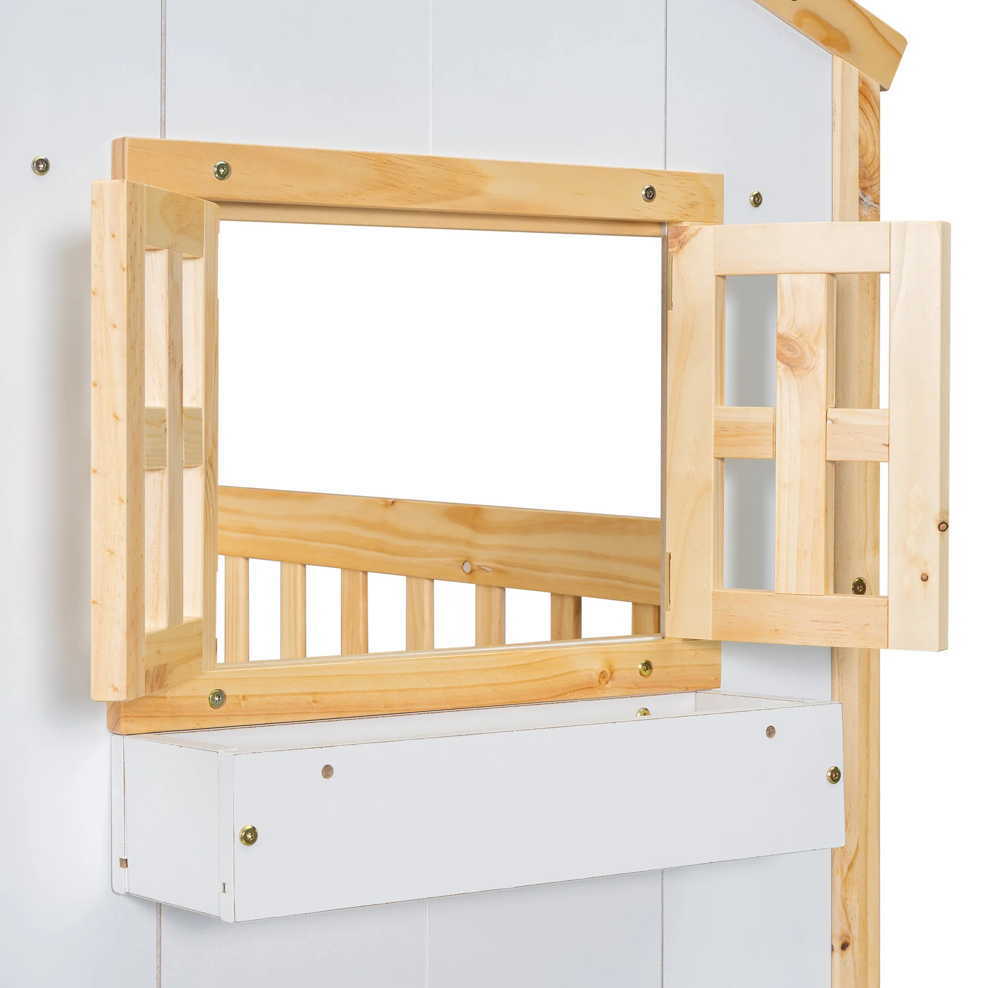 Twin-Over-Twin House Bunk Bed with Roof, Window, Door, with Safety Guardrails and Ladder, Natural/White - Image 18