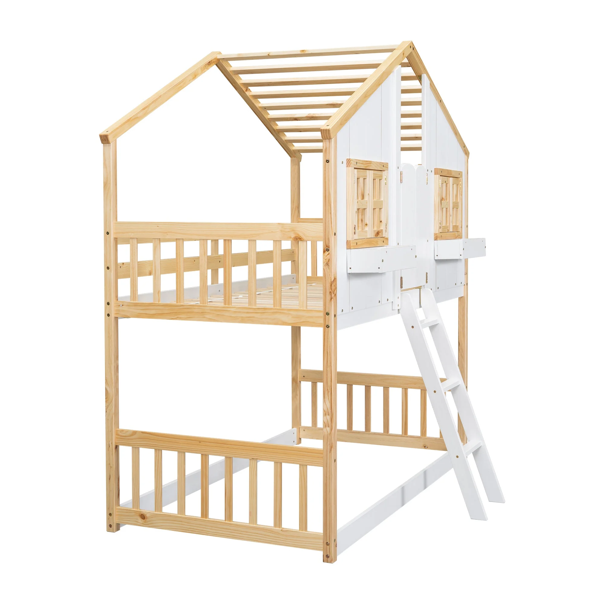 Twin-Over-Twin House Bunk Bed with Roof, Window, Door, with Safety Guardrails and Ladder, Natural/White - Image 19