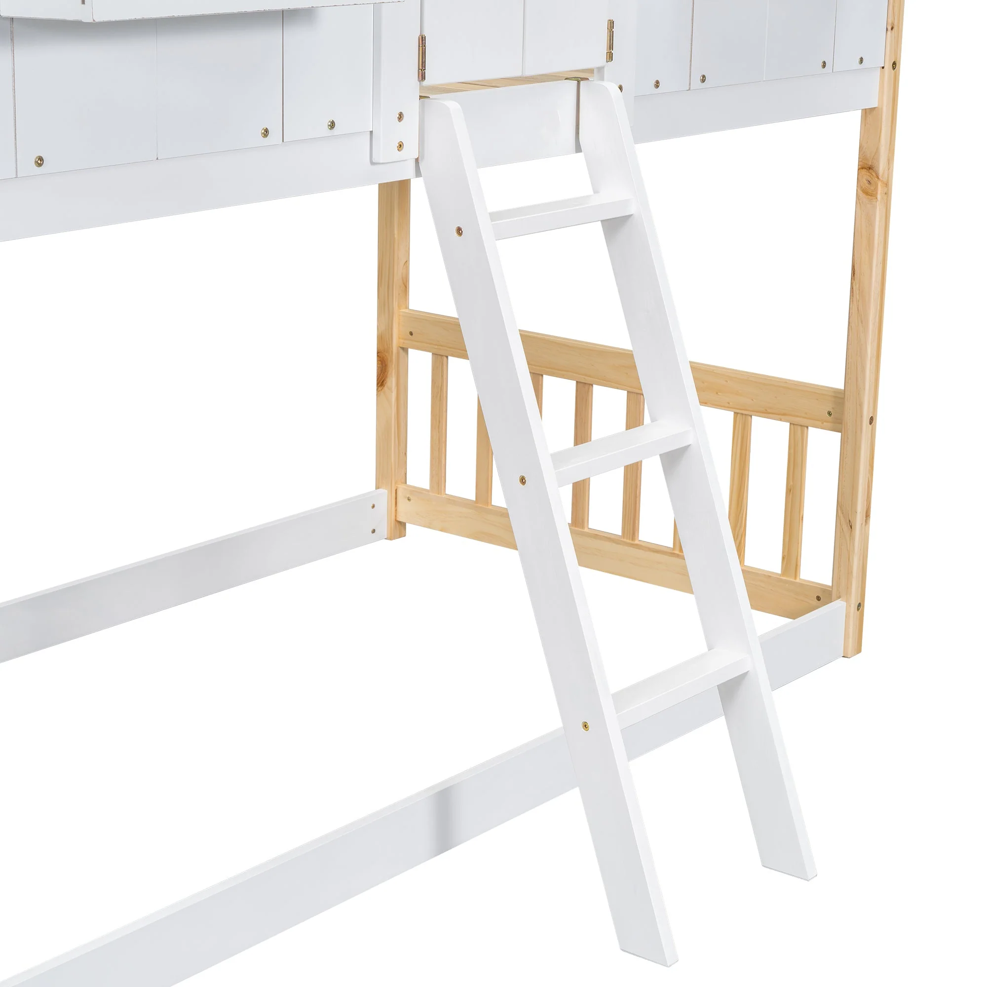 Twin-Over-Twin House Bunk Bed with Roof, Window, Door, with Safety Guardrails and Ladder, Natural/White - Image 20
