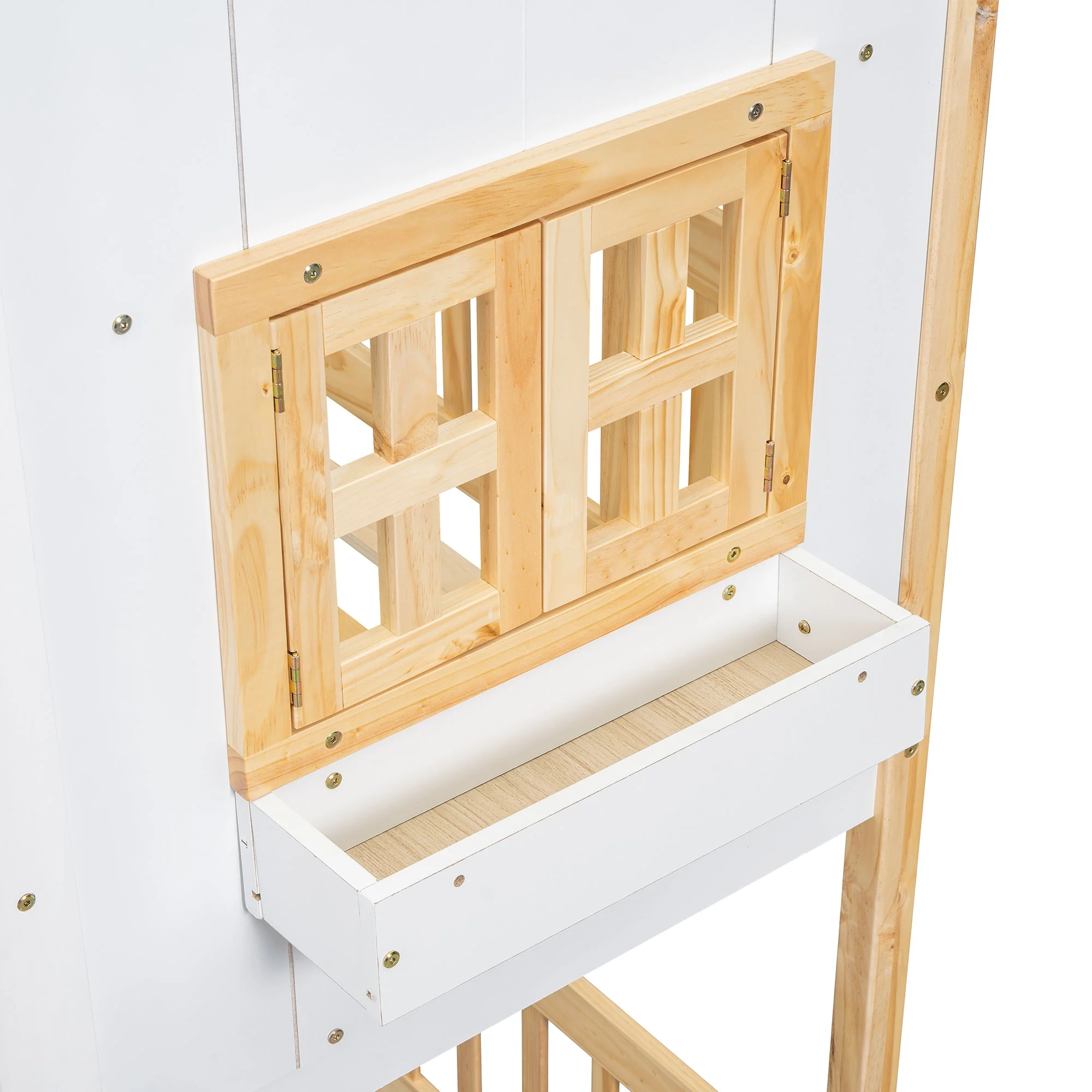 Twin-Over-Twin House Bunk Bed with Roof, Window, Door, with Safety Guardrails and Ladder, Natural/White - Image 21