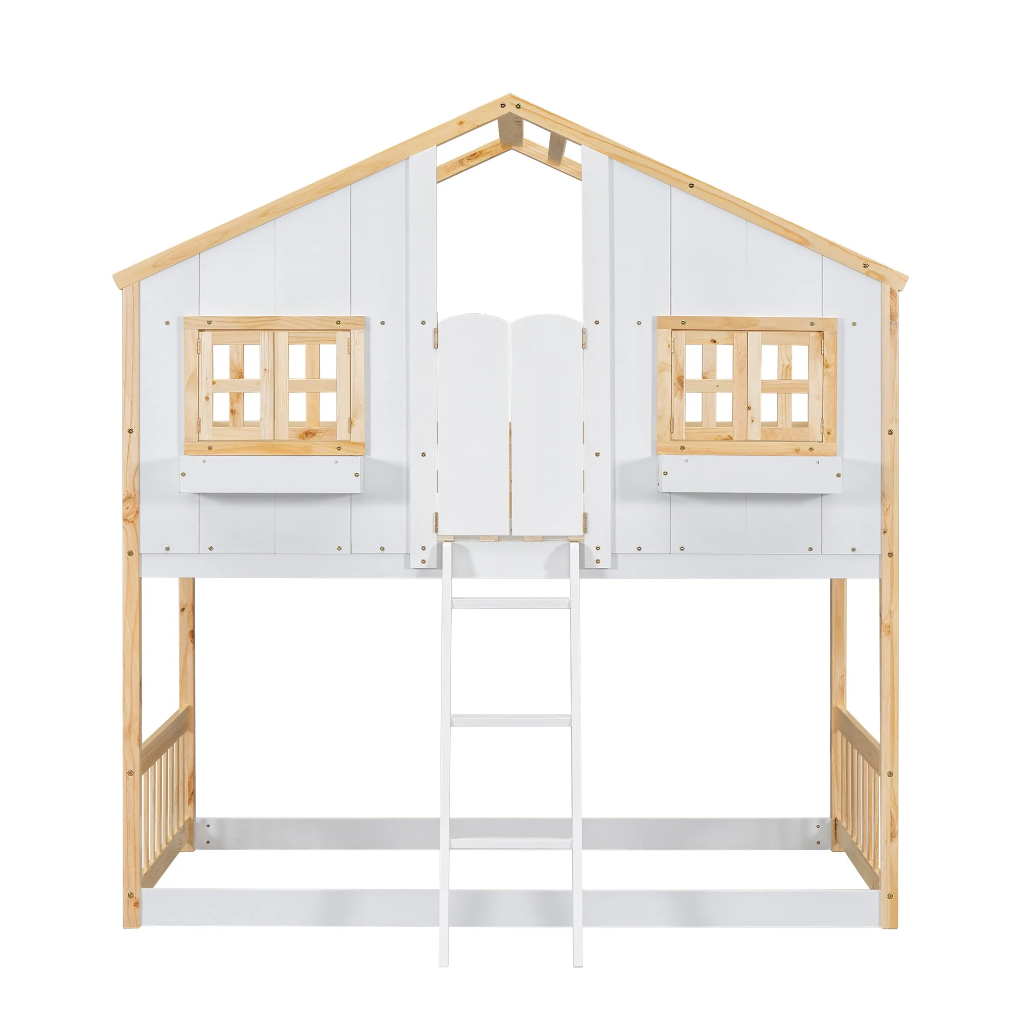 Twin-Over-Twin House Bunk Bed with Roof, Window, Door, with Safety Guardrails and Ladder, Natural/White - Image 22