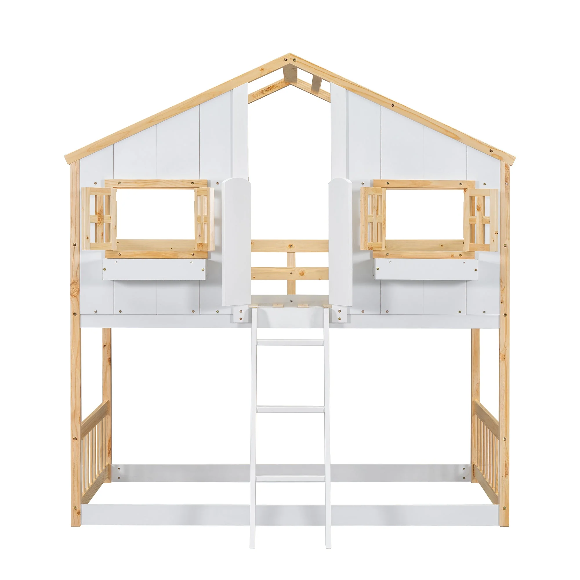 Twin-Over-Twin House Bunk Bed with Roof, Window, Door, with Safety Guardrails and Ladder, Natural/White - Image 23