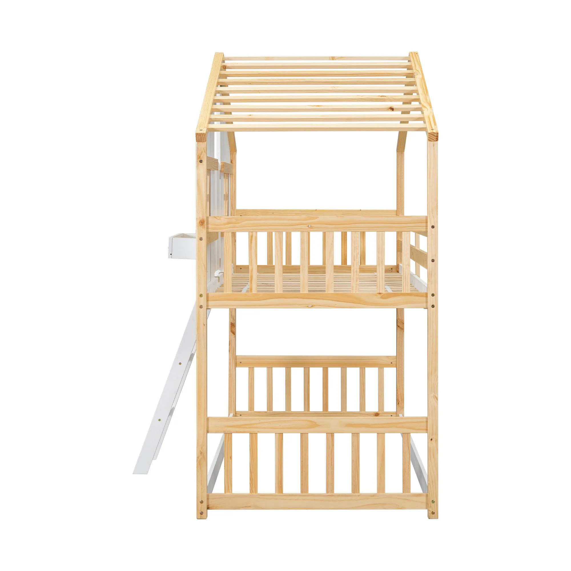 Twin-Over-Twin House Bunk Bed with Roof, Window, Door, with Safety Guardrails and Ladder, Natural/White - Image 24
