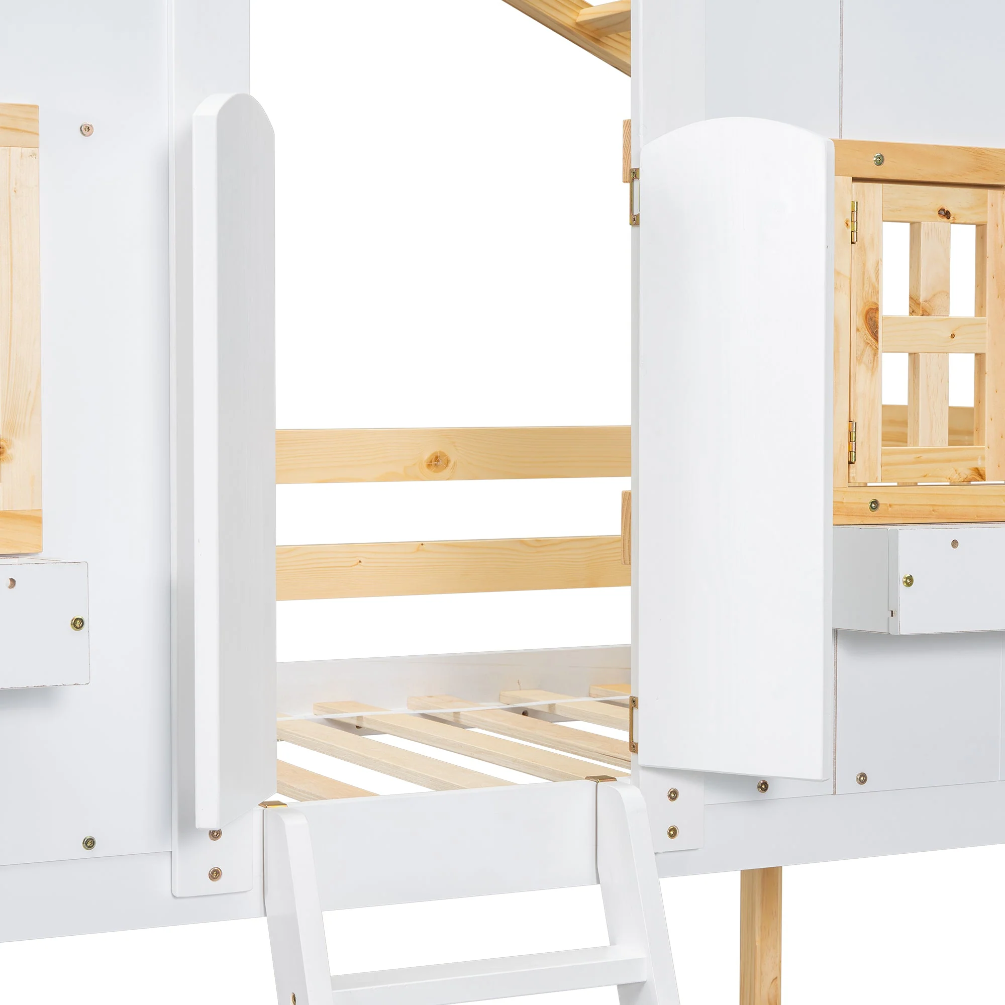 Twin-Over-Twin House Bunk Bed with Roof, Window, Door, with Safety Guardrails and Ladder, Natural/White - Image 25
