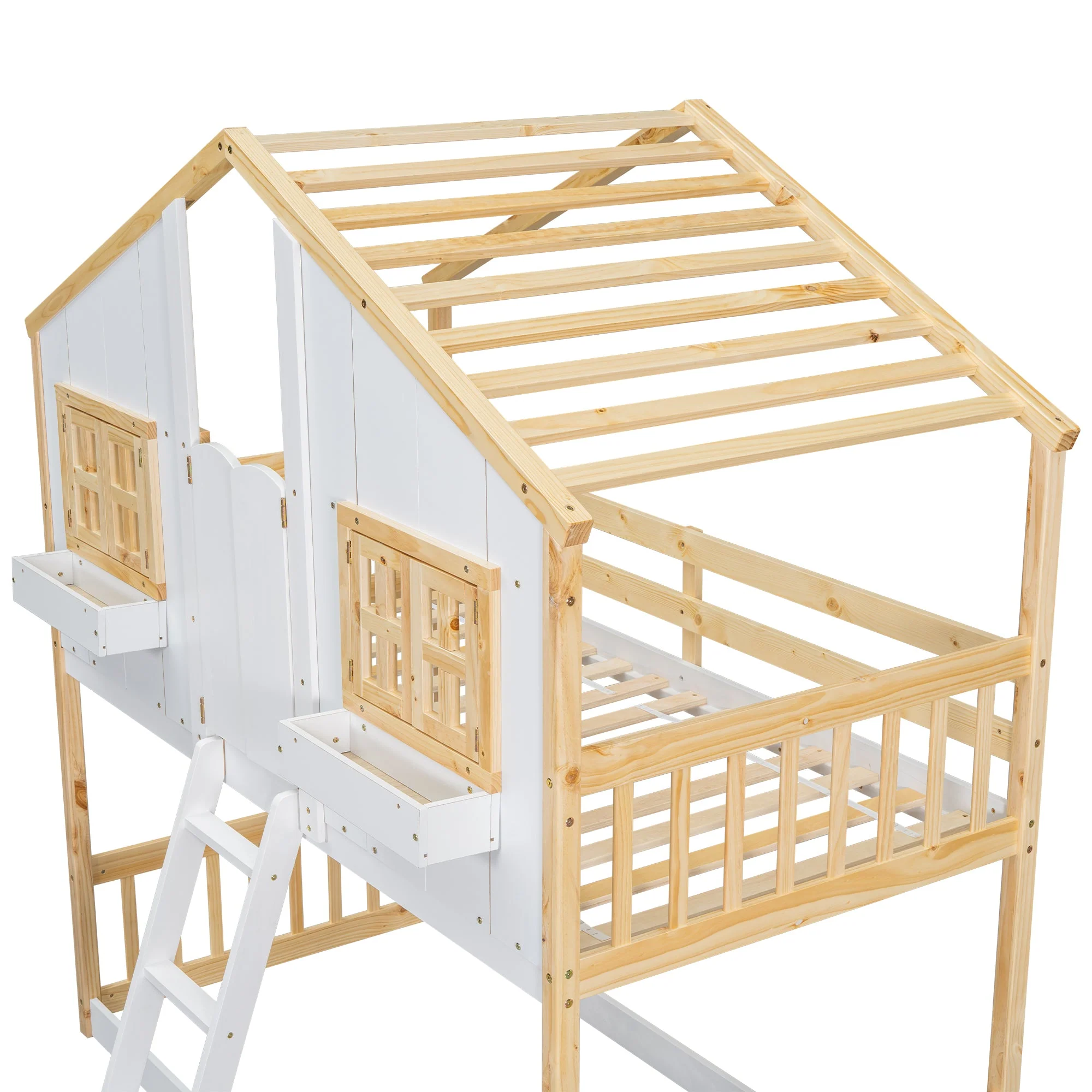 Twin-Over-Twin House Bunk Bed with Roof, Window, Door, with Safety Guardrails and Ladder, Natural/White - Image 26