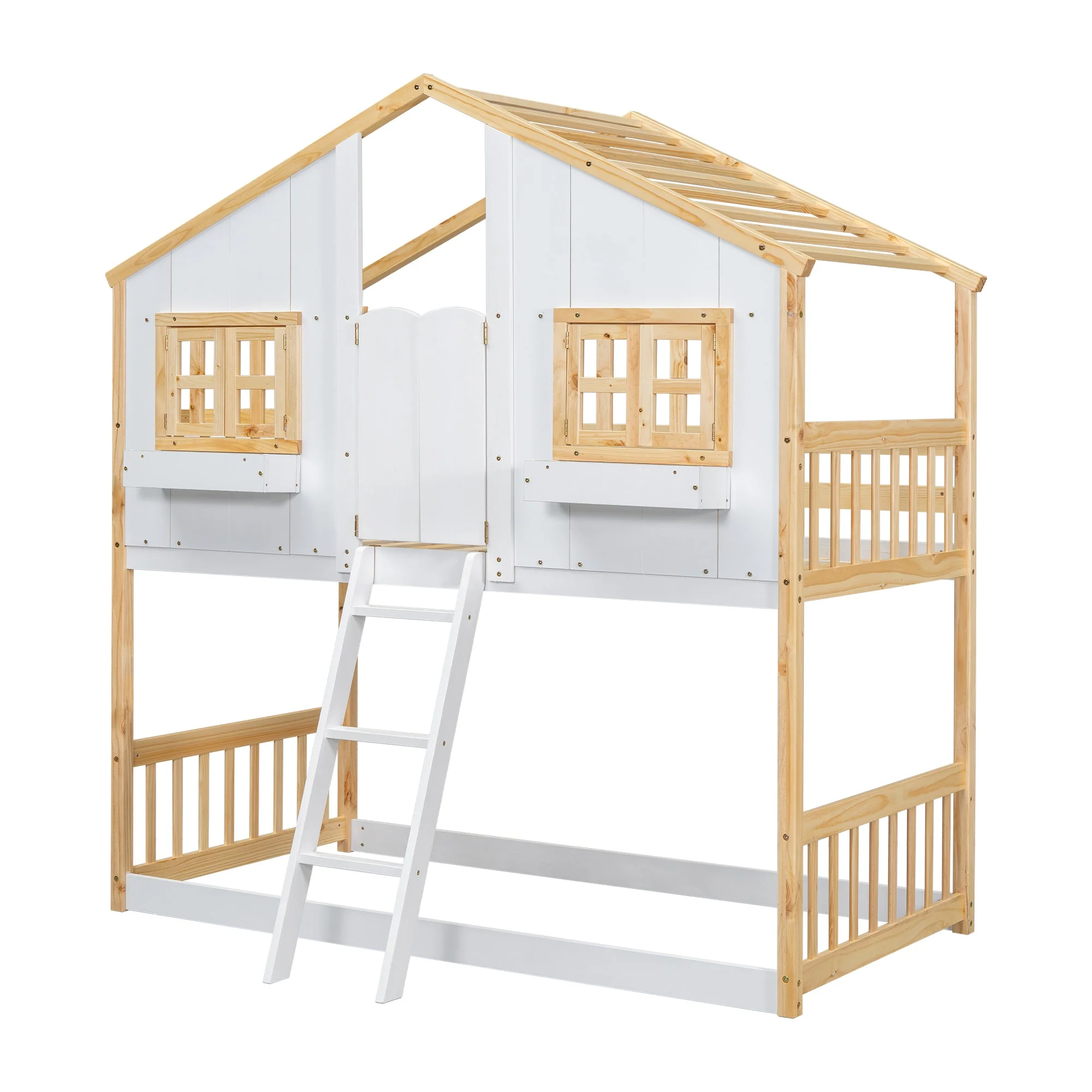 Twin-Over-Twin House Bunk Bed with Roof, Window, Door, with Safety Guardrails and Ladder, Natural/White - Image 27