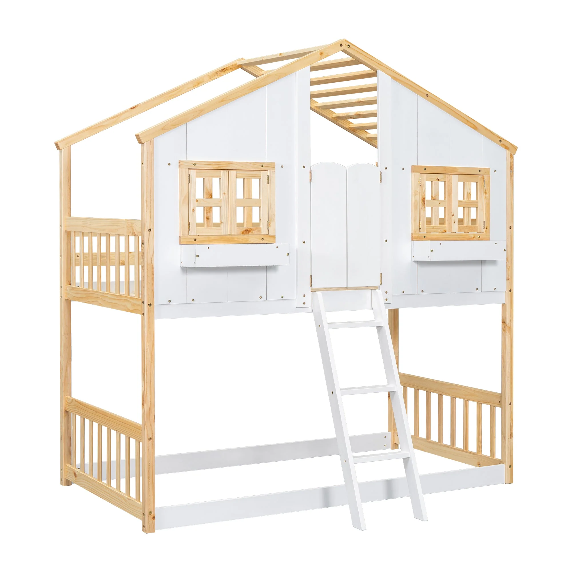 Twin-Over-Twin House Bunk Bed with Roof, Window, Door, with Safety Guardrails and Ladder, Natural/White - Image 28