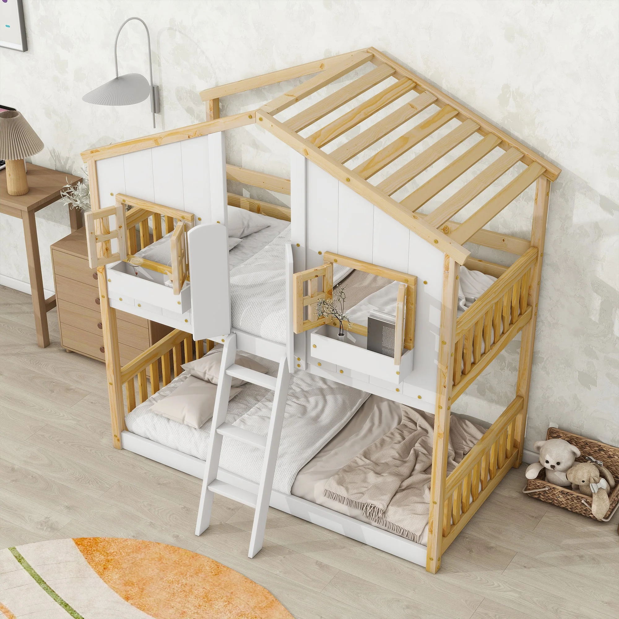 Twin-Over-Twin House Bunk Bed with Roof, Window, Door, with Safety Guardrails and Ladder, Natural/White - Image 3