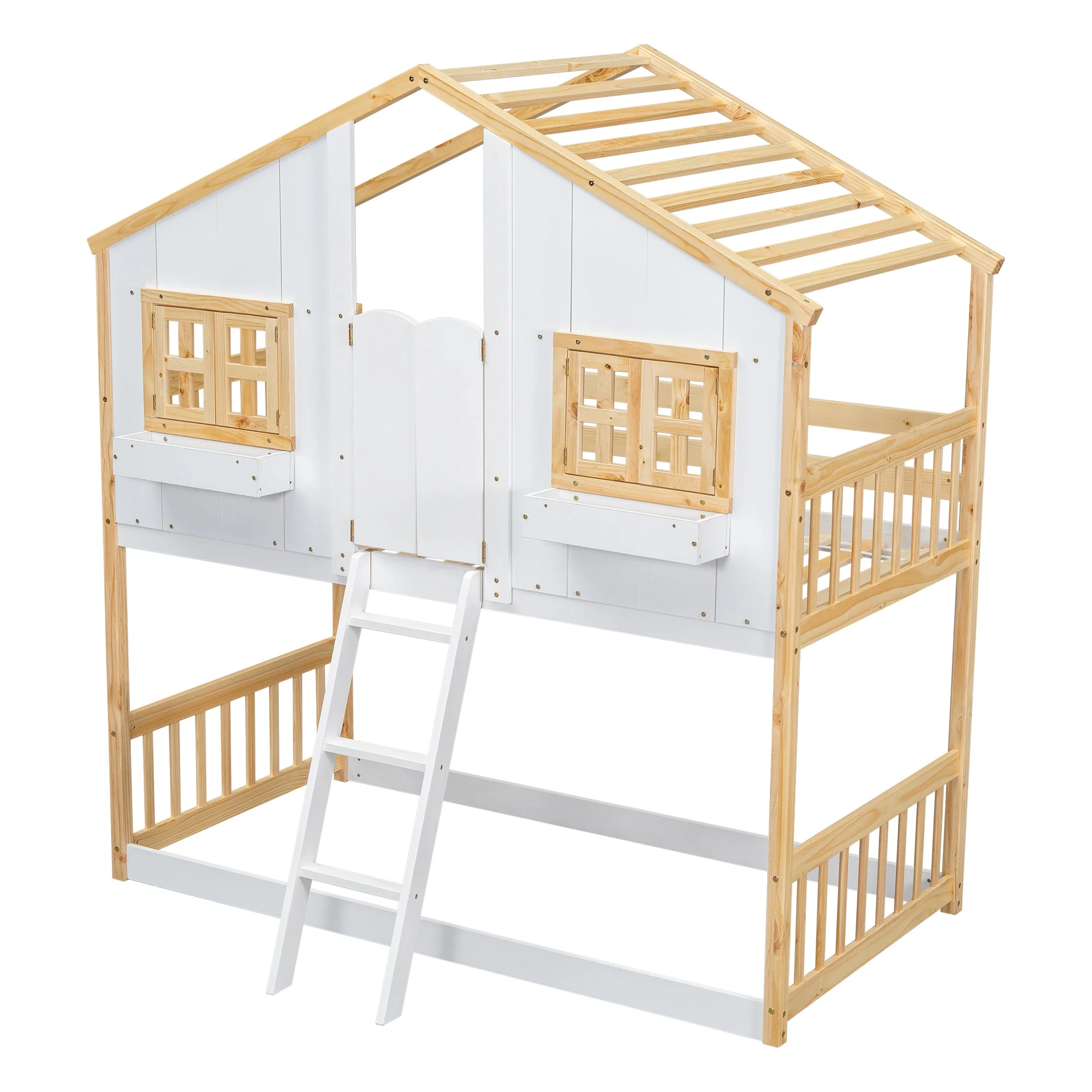 Twin-Over-Twin House Bunk Bed with Roof, Window, Door, with Safety Guardrails and Ladder, Natural/White - Image 30