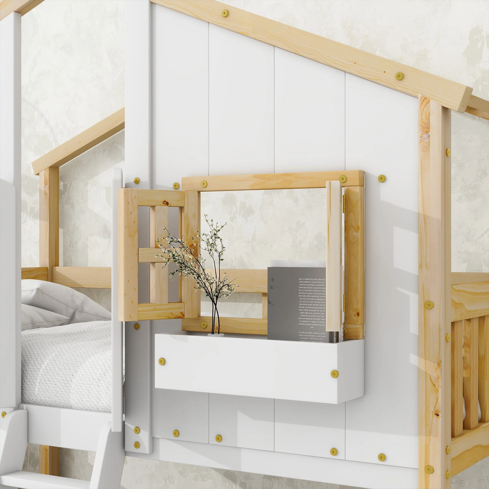 Twin-Over-Twin House Bunk Bed with Roof, Window, Door, with Safety Guardrails and Ladder, Natural/White - Image 5