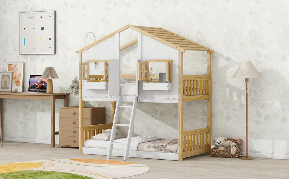 Twin-Over-Twin House Bunk Bed with Roof, Window, Door, with Safety Guardrails and Ladder, Natural/White - Image 6