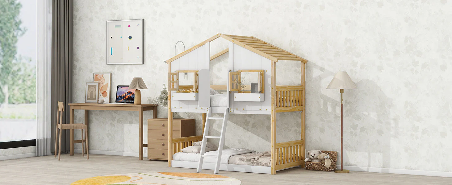 Twin-Over-Twin House Bunk Bed with Roof, Window, Door, with Safety Guardrails and Ladder, Natural/White - Image 7