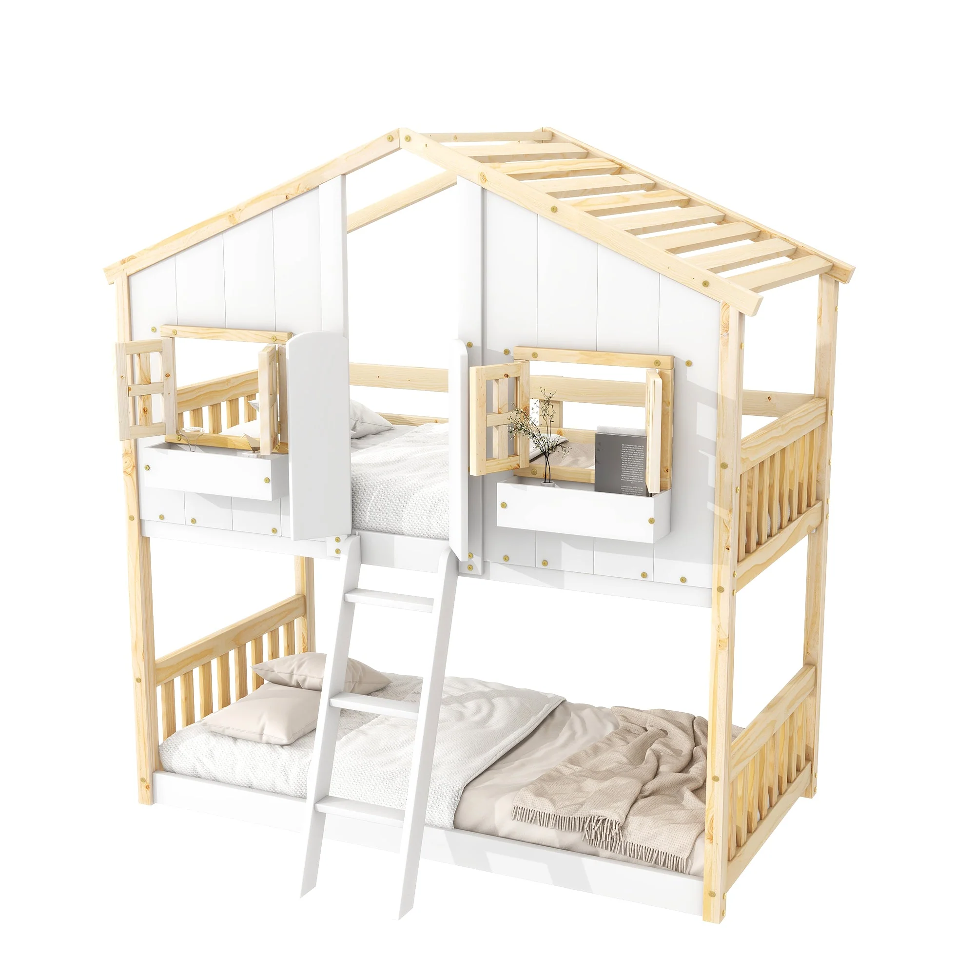 Twin-Over-Twin House Bunk Bed with Roof, Window, Door, with Safety Guardrails and Ladder, Natural/White - Image 8
