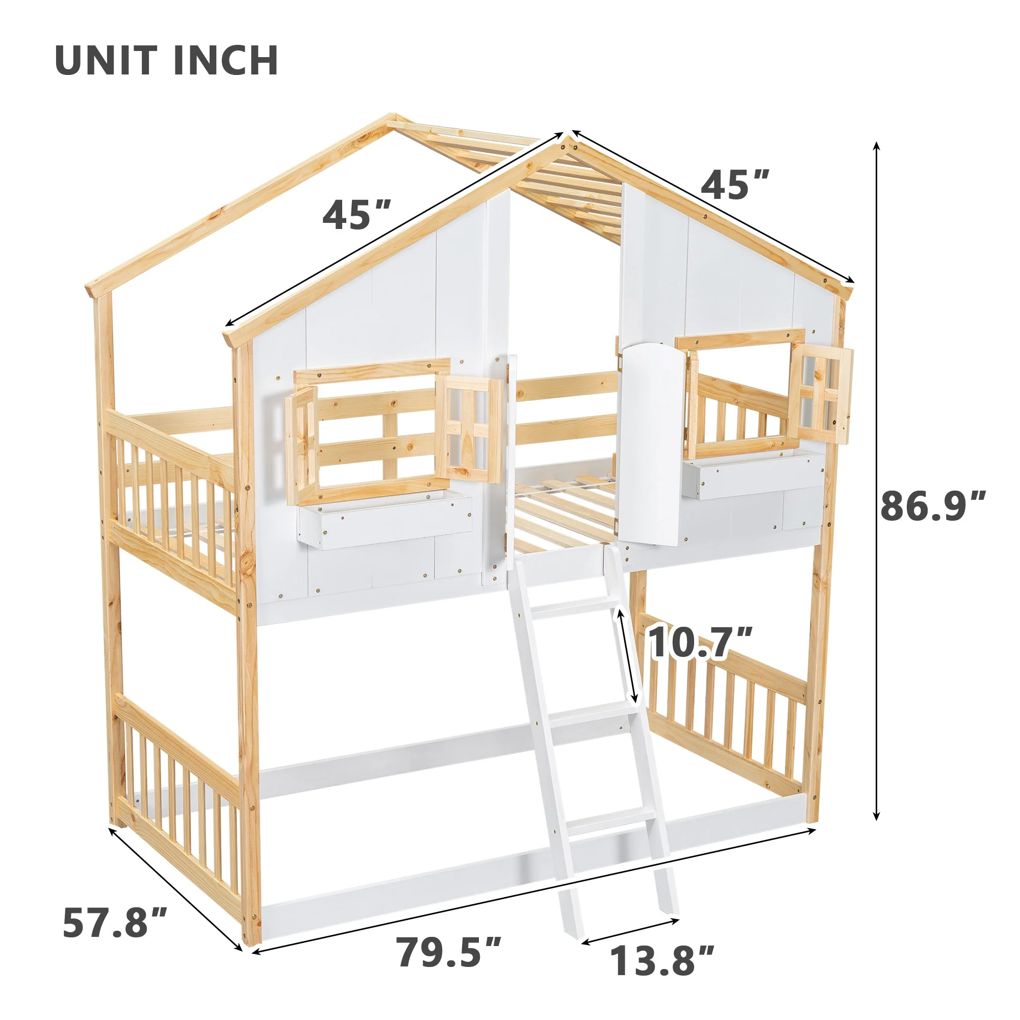 Twin-Over-Twin House Bunk Bed with Roof, Window, Door, with Safety Guardrails and Ladder, Natural/White - Image 9