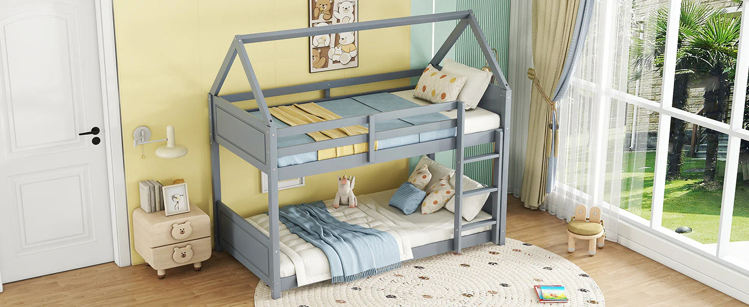 Twin-Over-Twin House Floor Bunk Bed with Guardrails, Ladder, Light Grey - Image 11