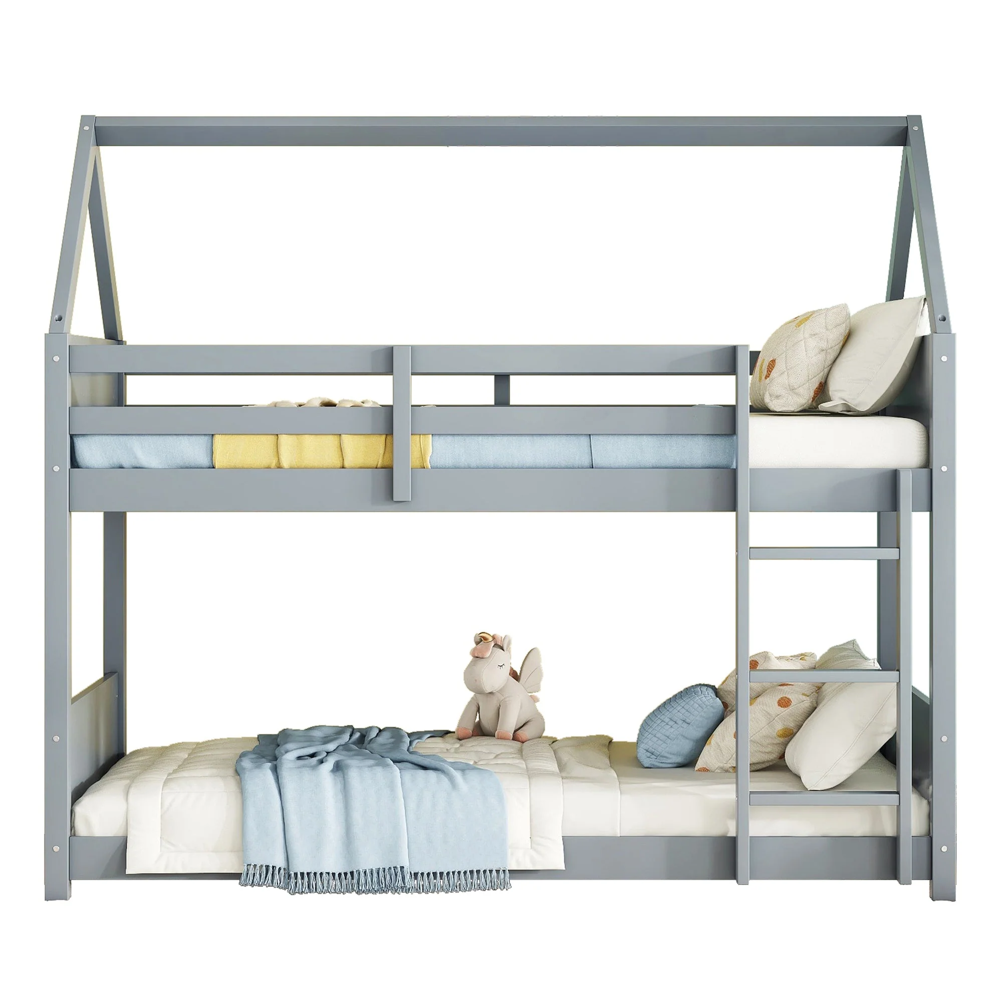 Twin-Over-Twin House Floor Bunk Bed with Guardrails, Ladder, Light Grey - Image 12