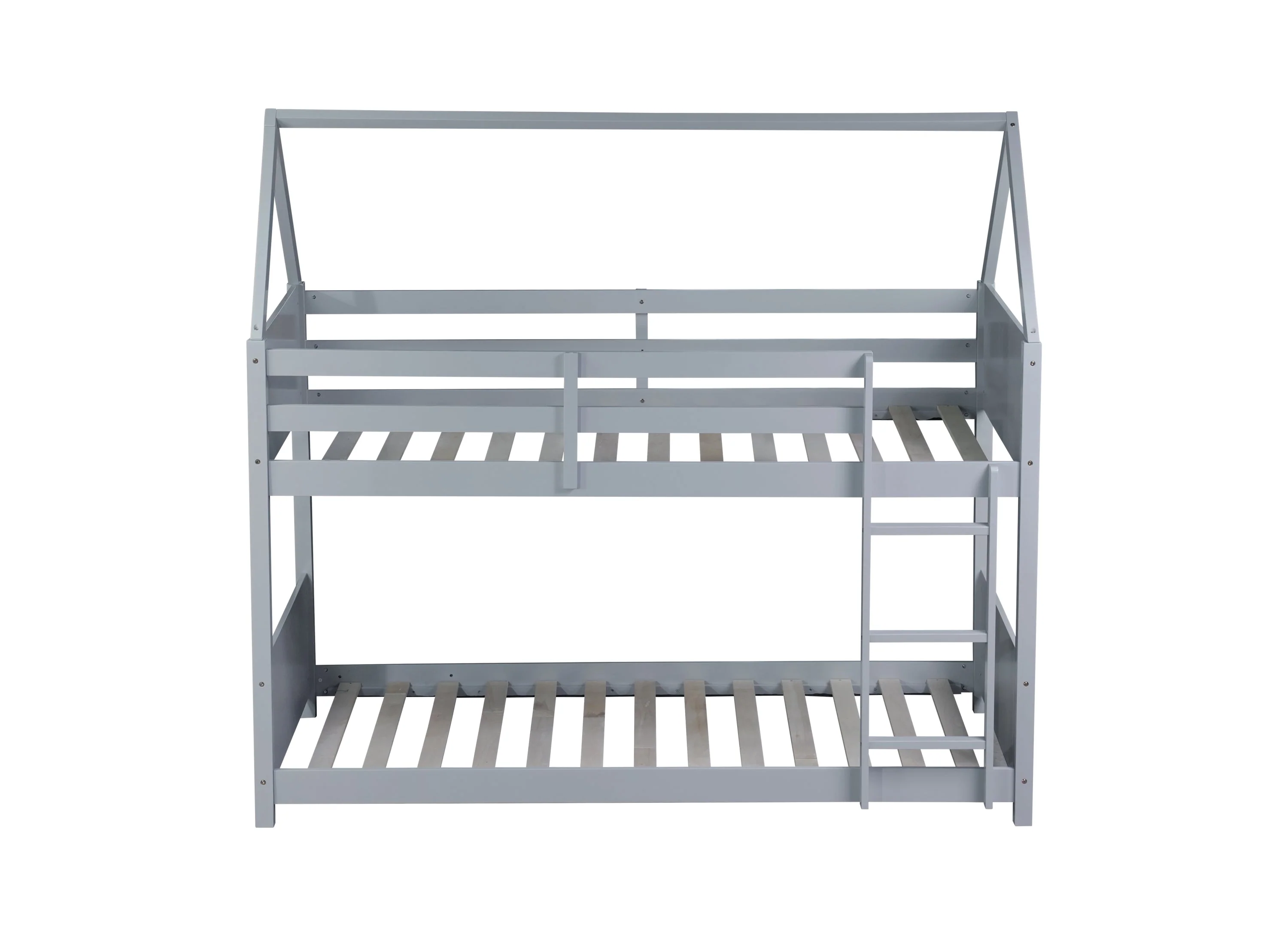 Twin-Over-Twin House Floor Bunk Bed with Guardrails, Ladder, Light Grey - Image 18