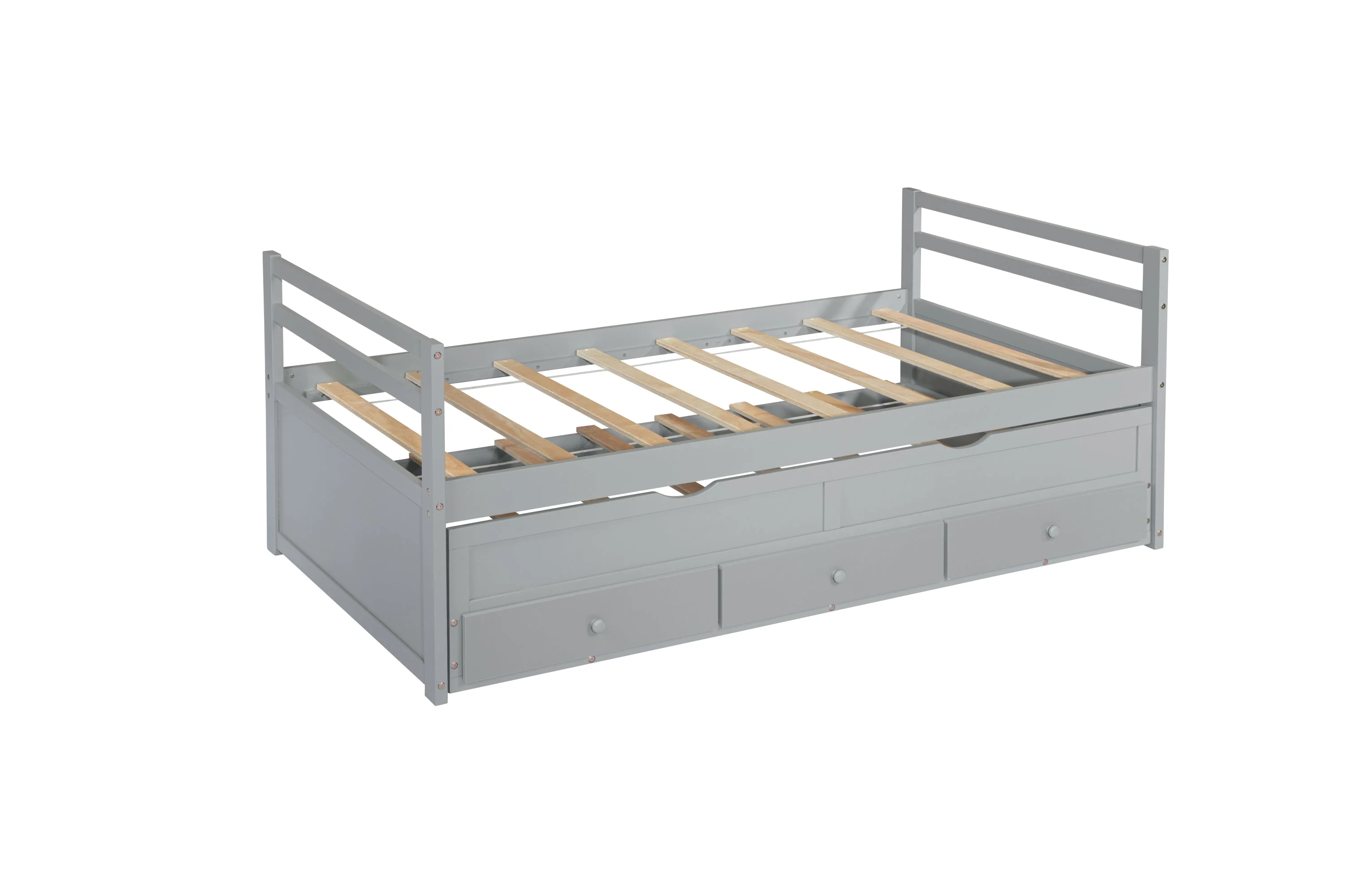 Twin Size Bed with Headboard, Footboard, Trundle and Three Storage Drawers, Pine Wood, Grey - Image 41