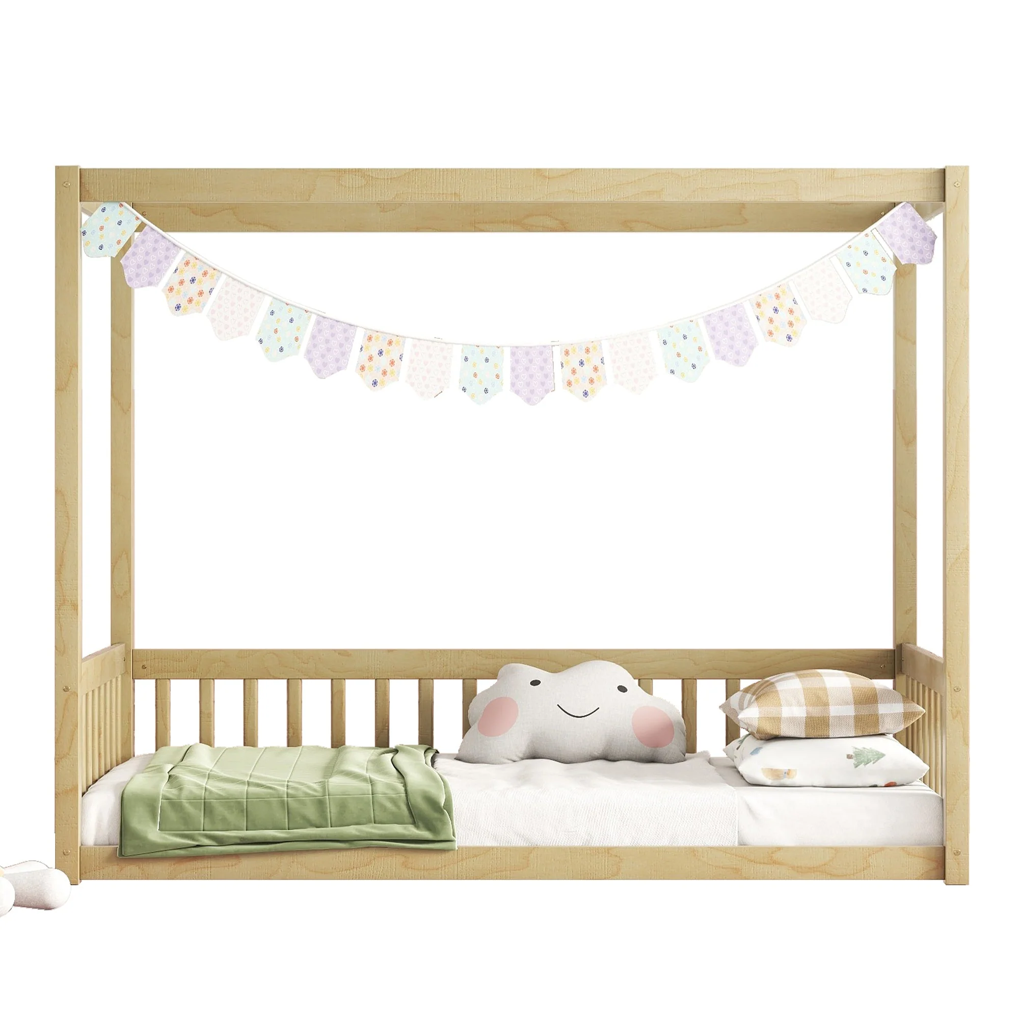 Twin Size Canopy Frame Floor Bed with Fence, Guardrails, Natural - Image 13