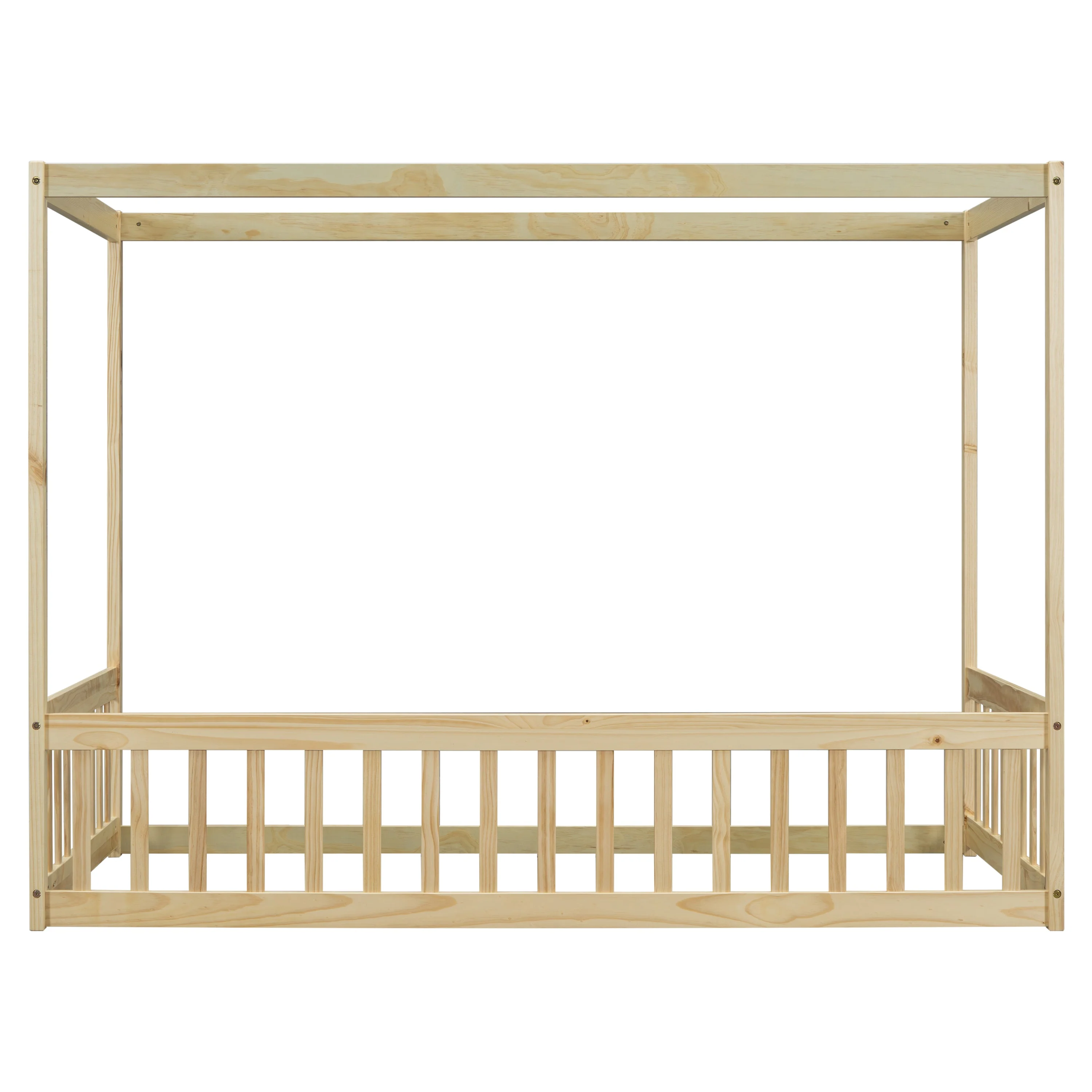 Twin Size Canopy Frame Floor Bed with Fence, Guardrails, Natural - Image 21