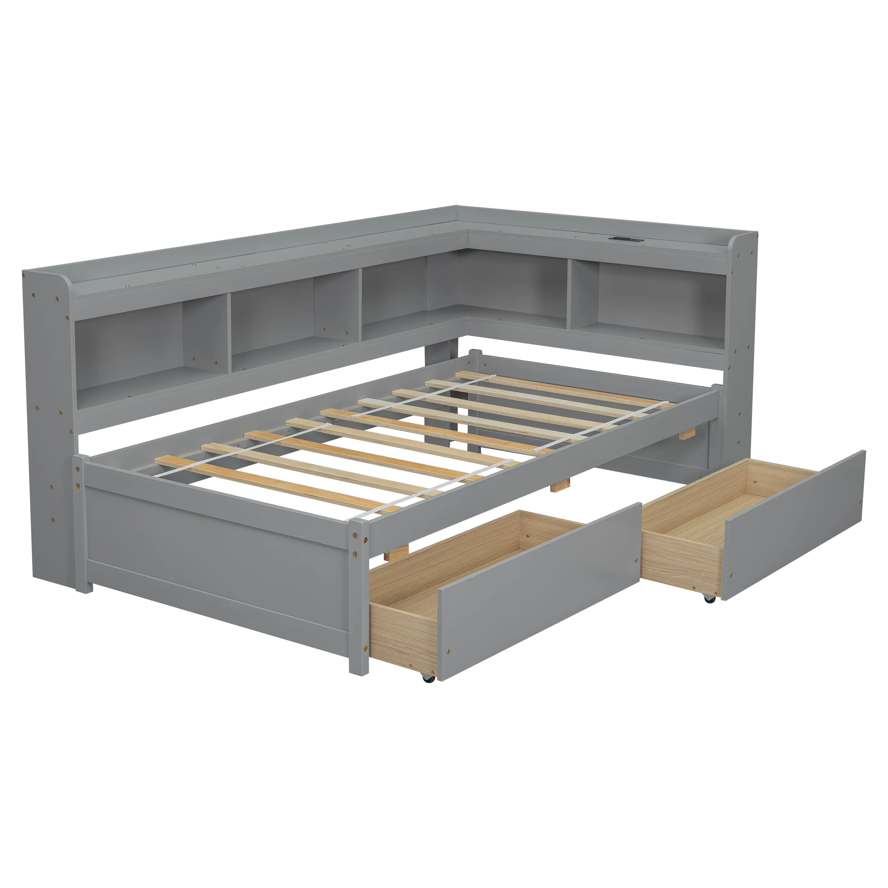 Twin Size L-Shaped Bookcases Bed with Power Outlets, USB Charging Ports, Two Drawers, Grey - Image 14