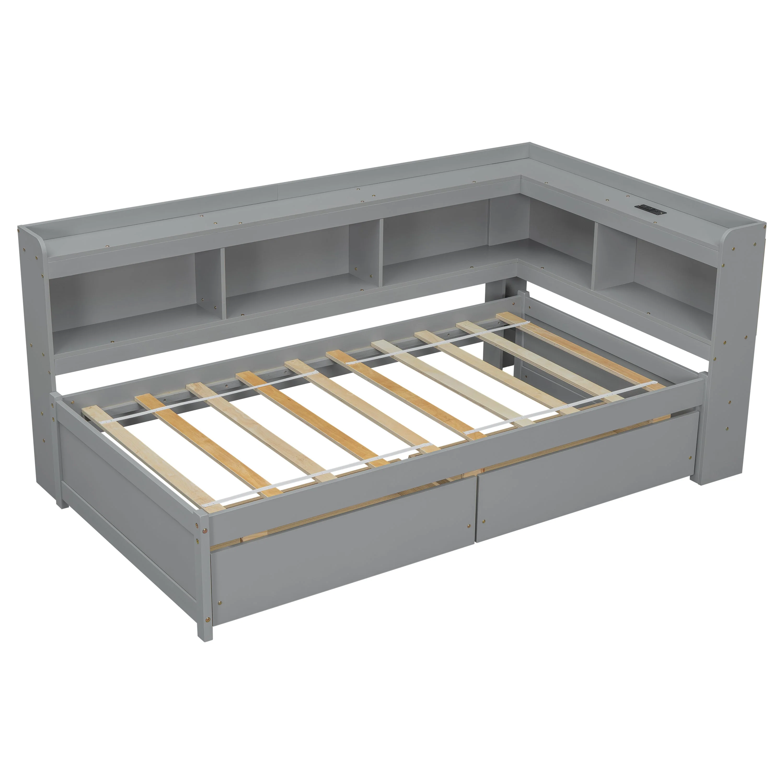 Twin Size L-Shaped Bookcases Bed with Power Outlets, USB Charging Ports, Two Drawers, Grey - Image 24