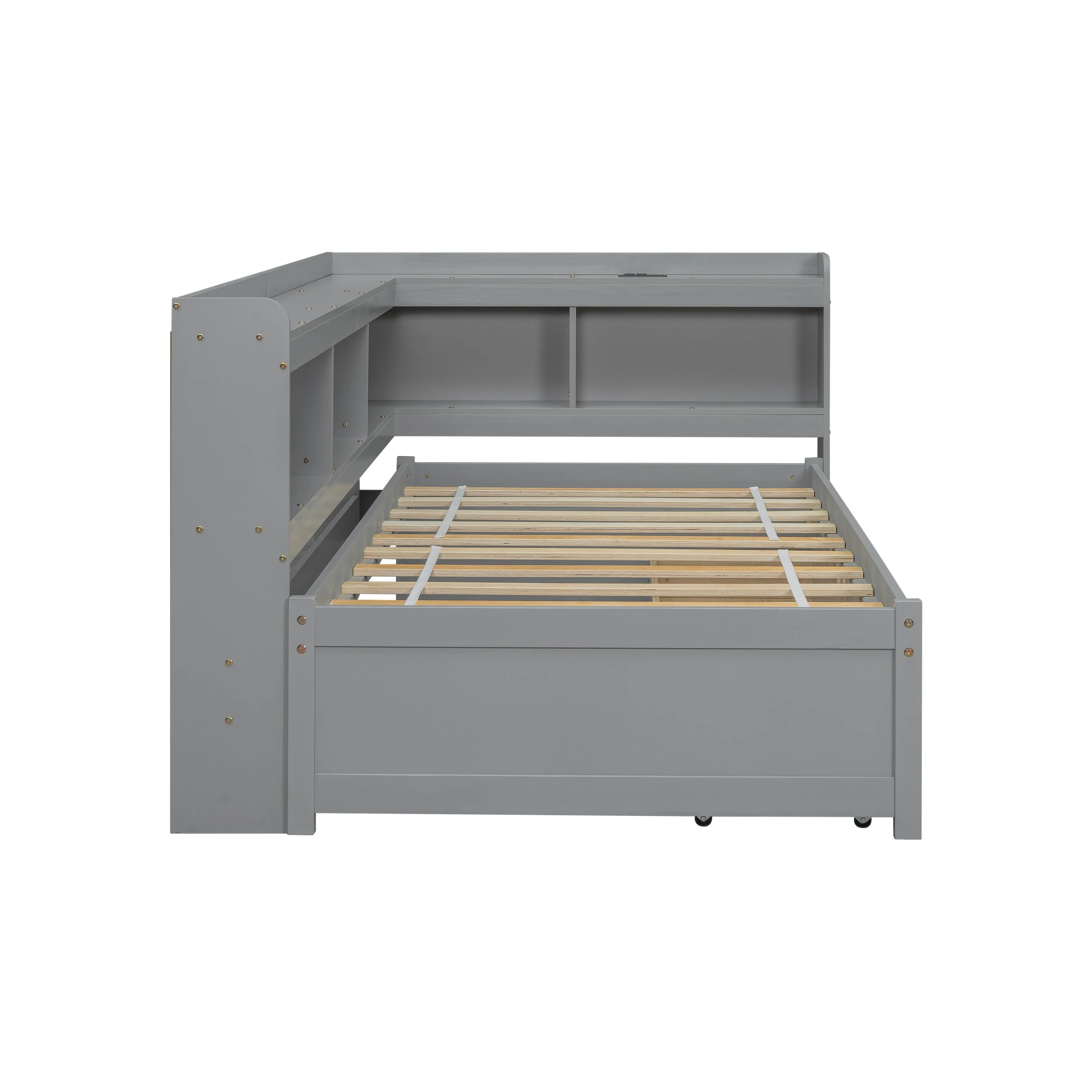 Twin Size L-Shaped Bookcases Bed with Power Outlets, USB Charging Ports, Two Drawers, Grey - Image 28