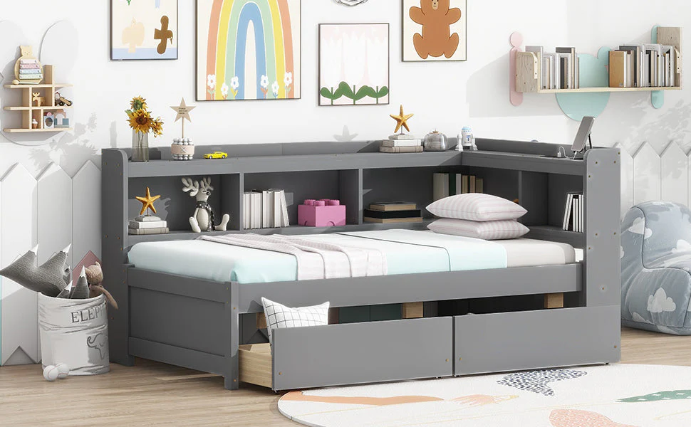 Twin Size L-Shaped Bookcases Bed with Power Outlets, USB Charging Ports, Two Drawers, Grey - Image 6