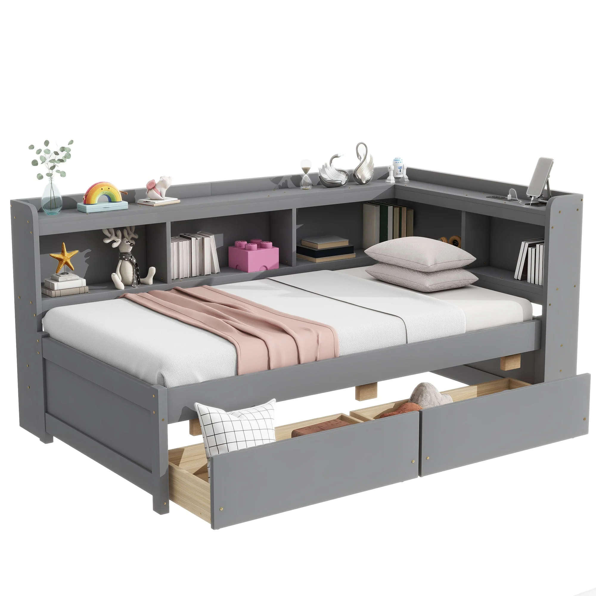 Twin Size L-Shaped Bookcases Bed with Power Outlets, USB Charging Ports, Two Drawers, Grey - Image 8