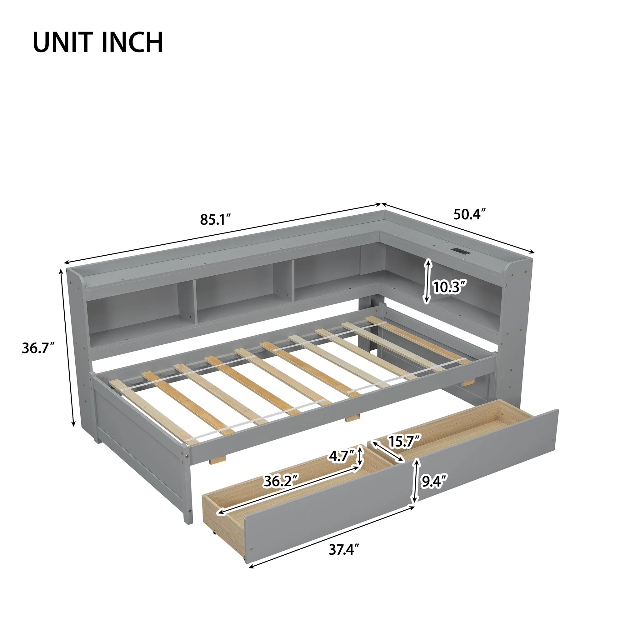Twin Size L-Shaped Bookcases Bed with Power Outlets, USB Charging Ports, Two Drawers, Grey - Image 9