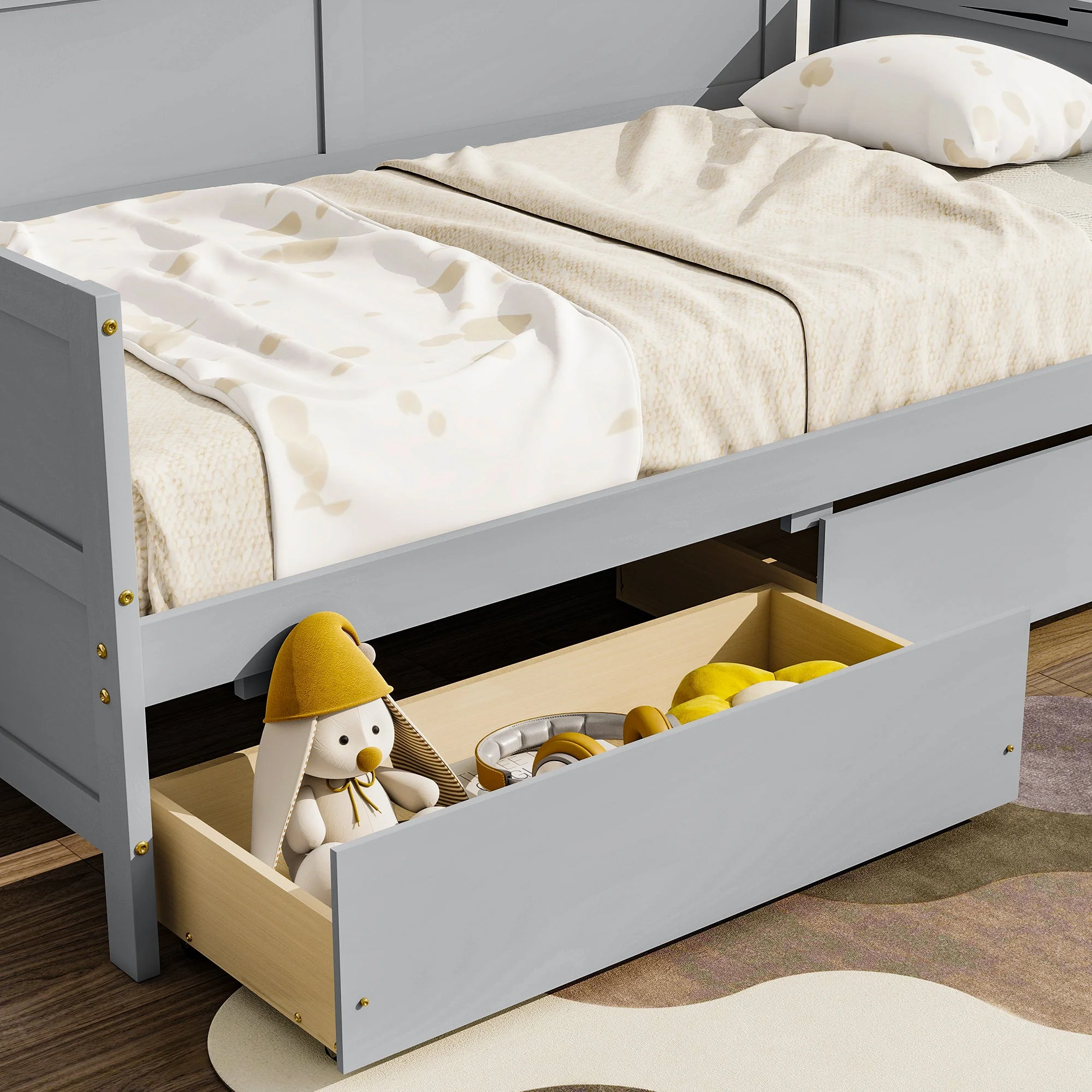 Twin Size Pine Wood Daybed with two Storage Drawers, Grey - Image 4