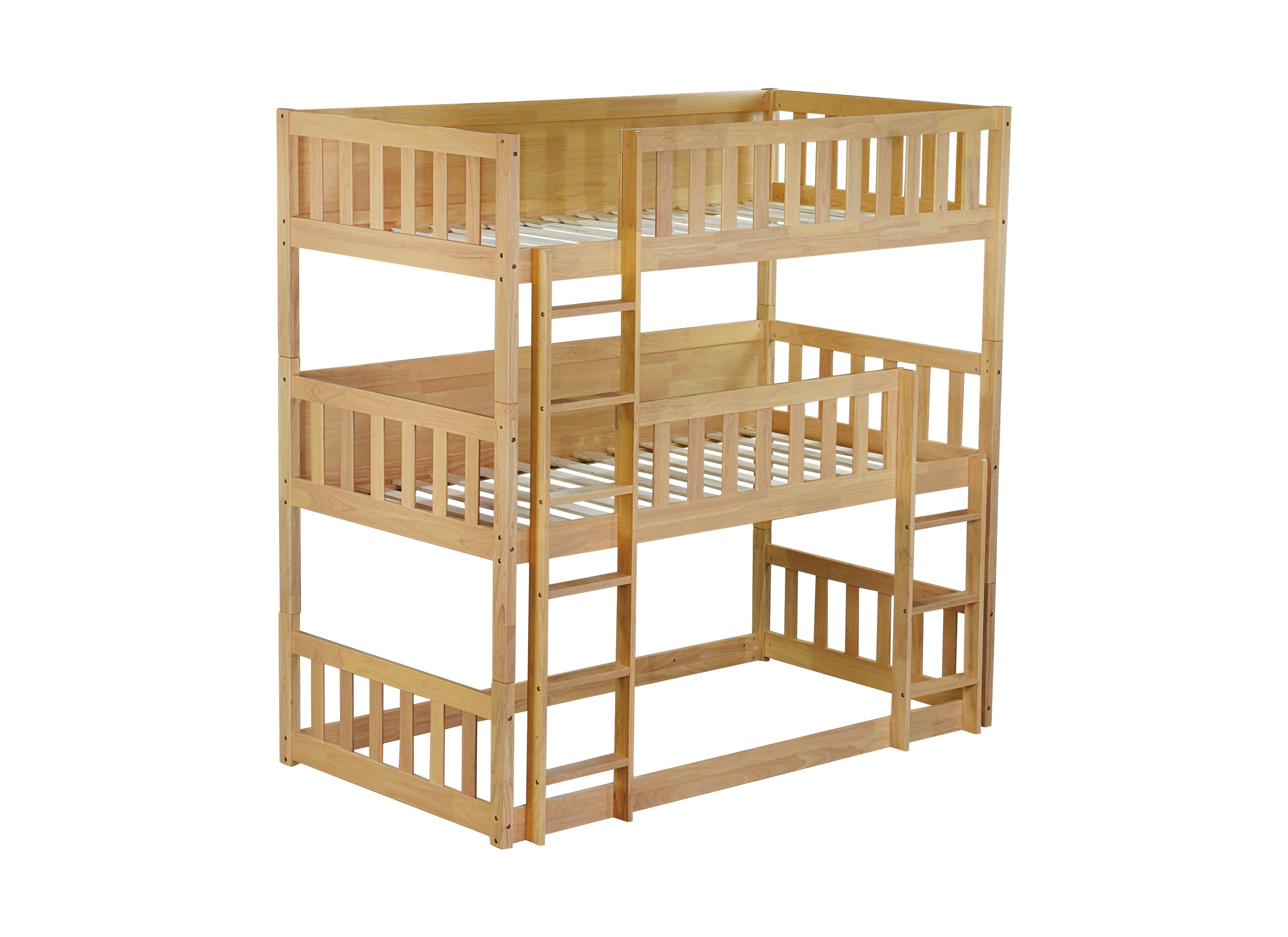 Twin Size Triple Rubber Wood Bunk Bed, with Ladders, Guardrails, Twin over Twin, Natural - Image 17