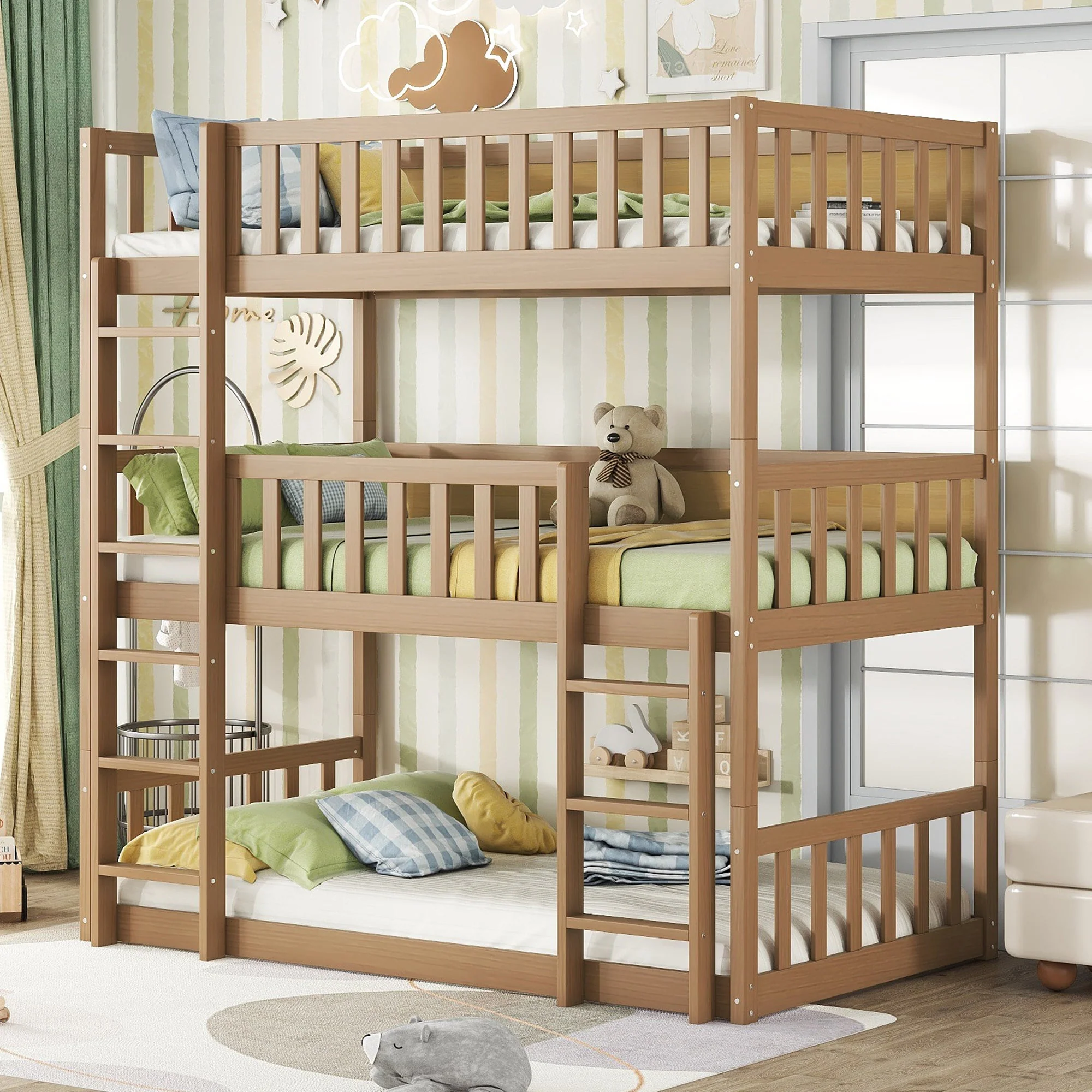 Twin Size Triple Rubber Wood Bunk Bed, with Ladders, Guardrails, Twin over Twin, Natural - Image 3